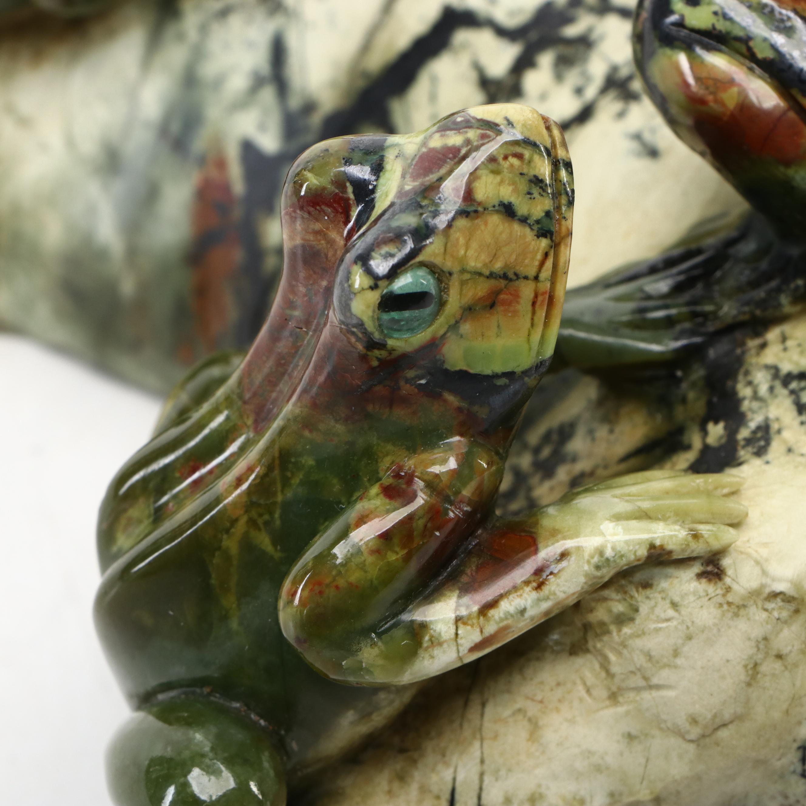 Carved Serpentine Frogs on Picasso Stone Base