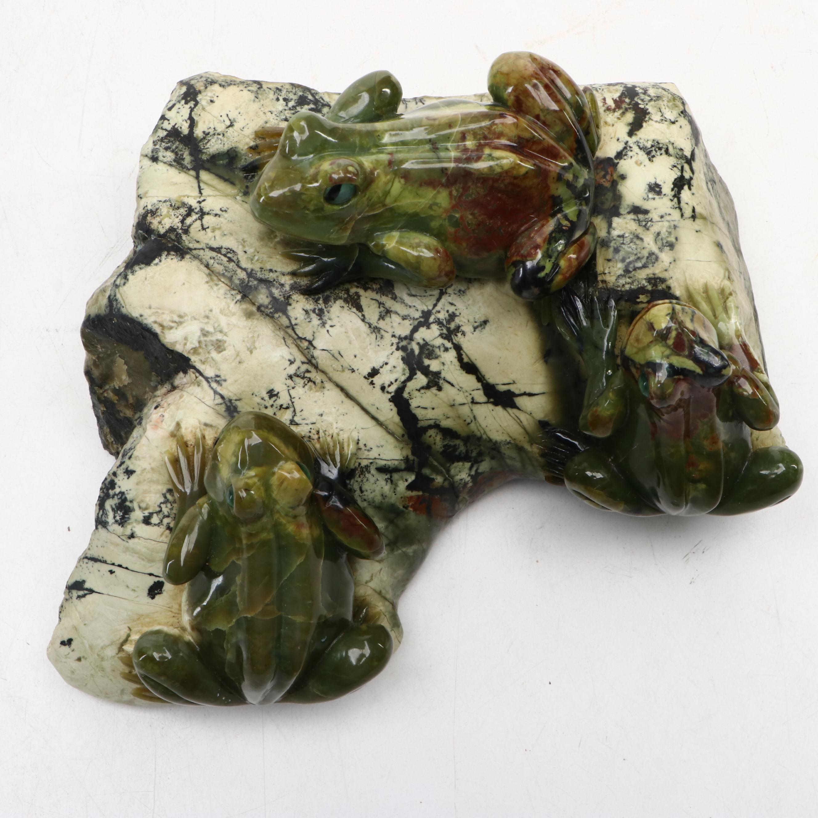 Carved Serpentine Frogs on Picasso Stone Base