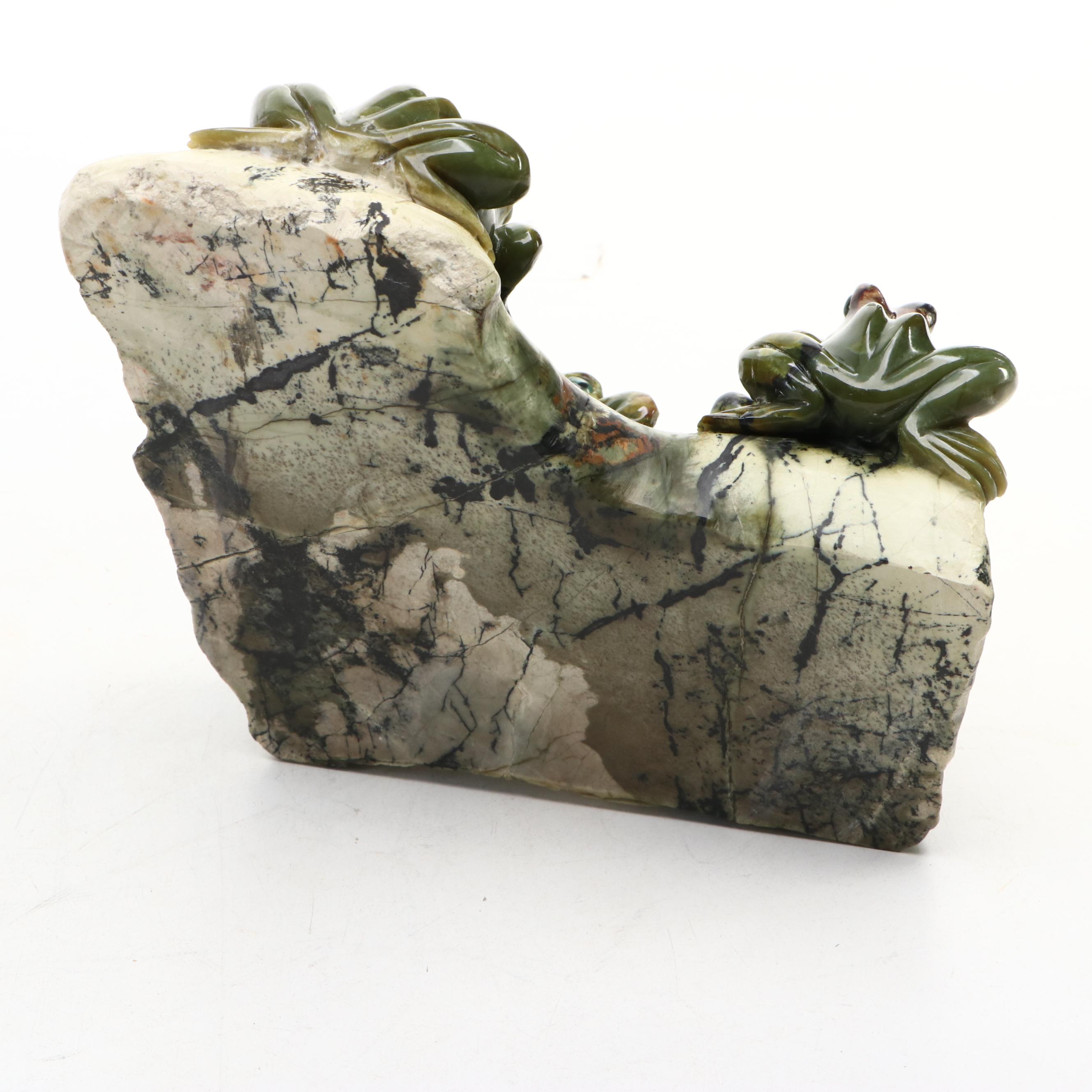 Carved Serpentine Frogs on Picasso Stone Base