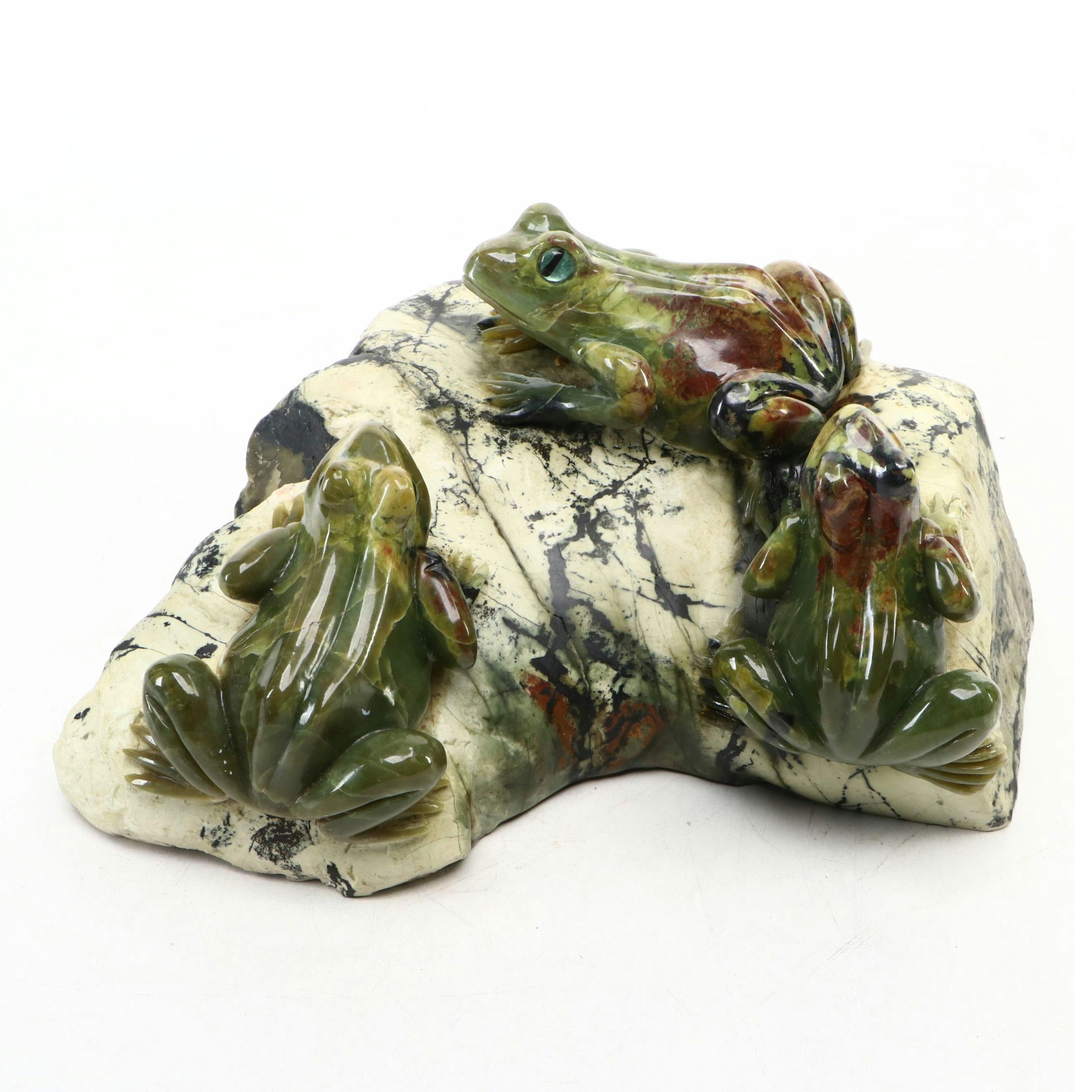 Carved Serpentine Frogs on Picasso Stone Base