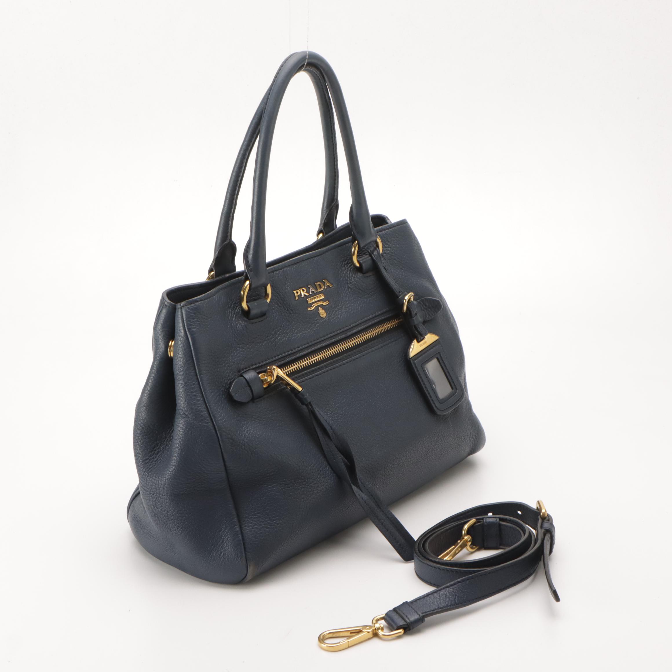 Prada Front Pocket Shopping Two-Way Tote in Navy Blue Vitello Daino Leather
