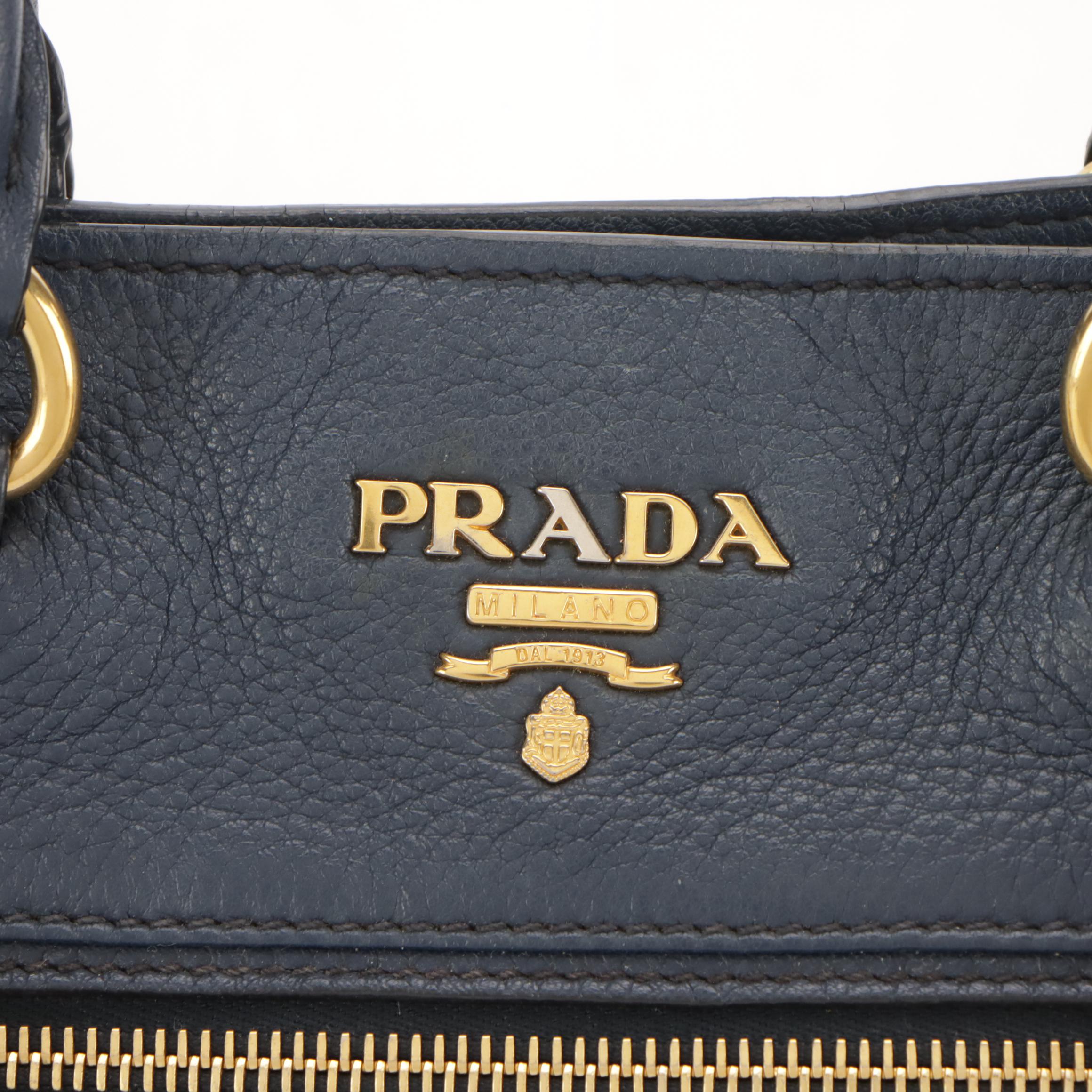 Prada Front Pocket Shopping Two-Way Tote in Navy Blue Vitello Daino Leather