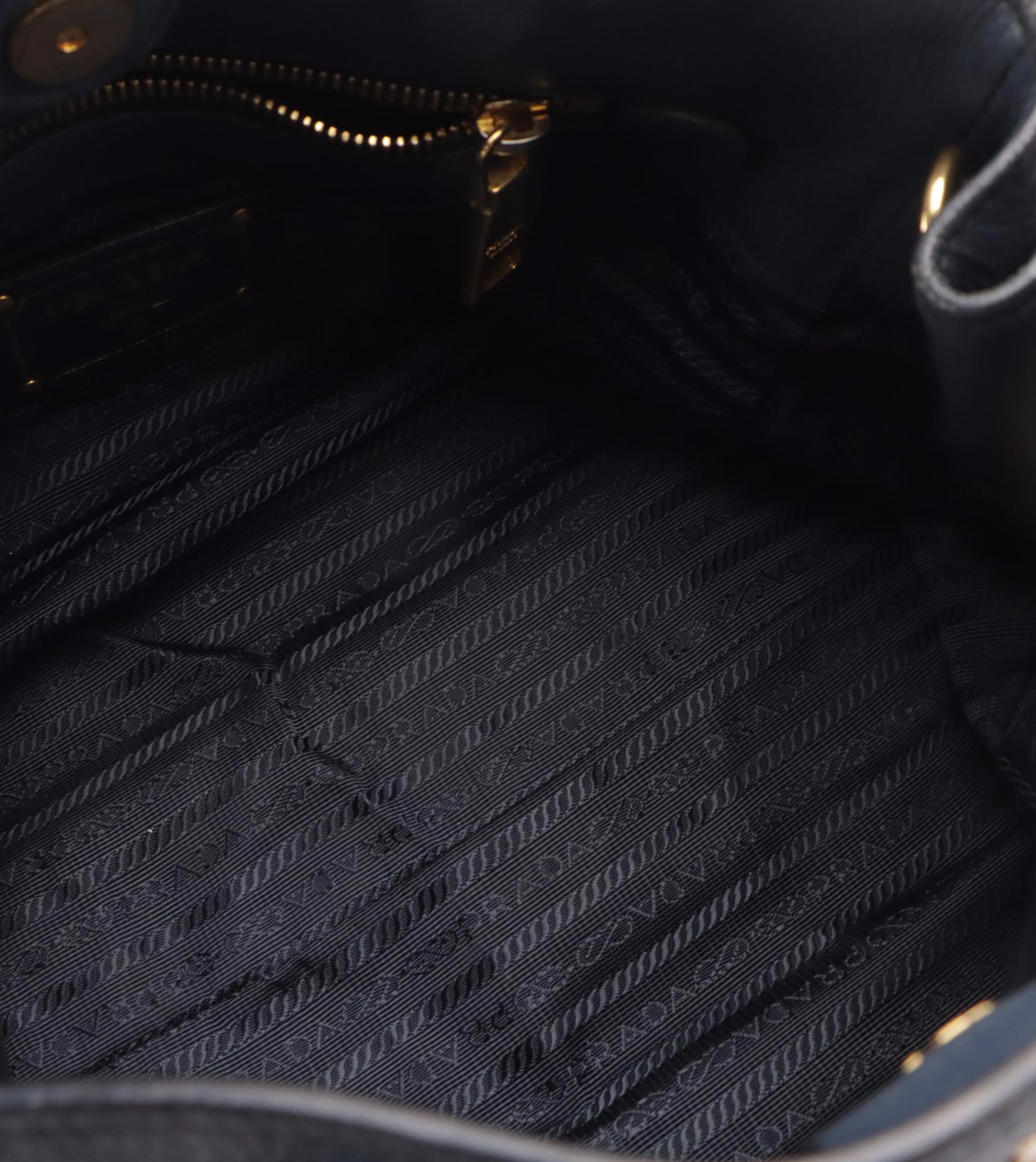 Prada Front Pocket Shopping Two-Way Tote in Navy Blue Vitello Daino Leather