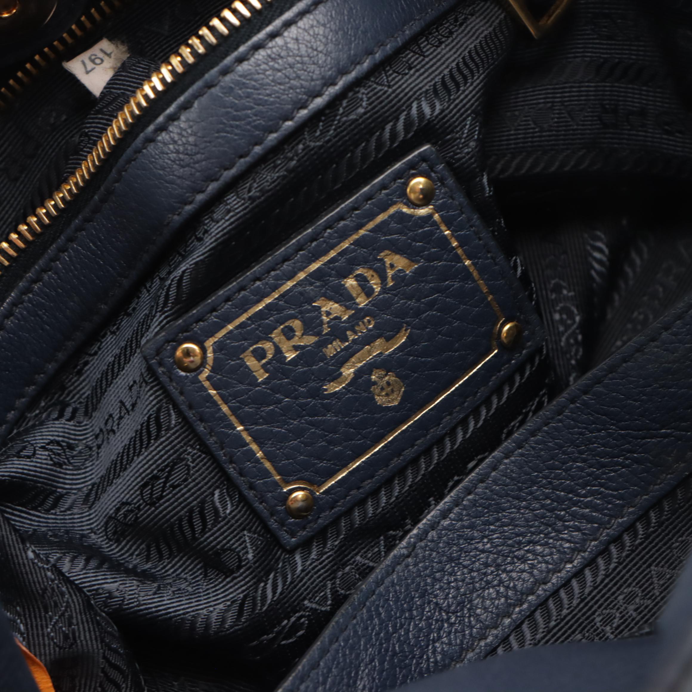 Prada Front Pocket Shopping Two-Way Tote in Navy Blue Vitello Daino Leather