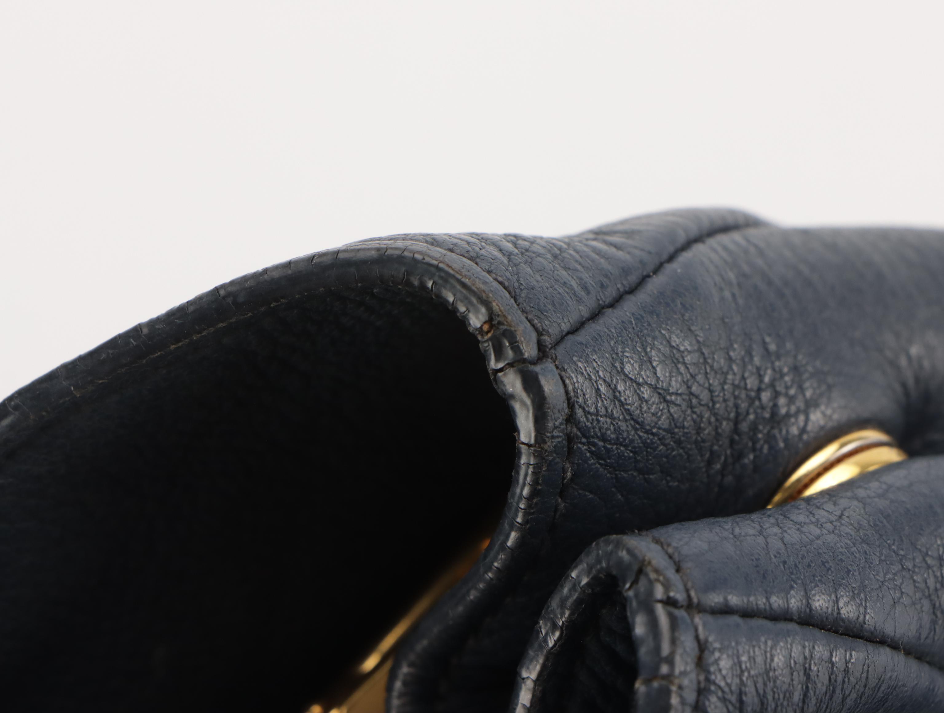 Prada Front Pocket Shopping Two-Way Tote in Navy Blue Vitello Daino Leather