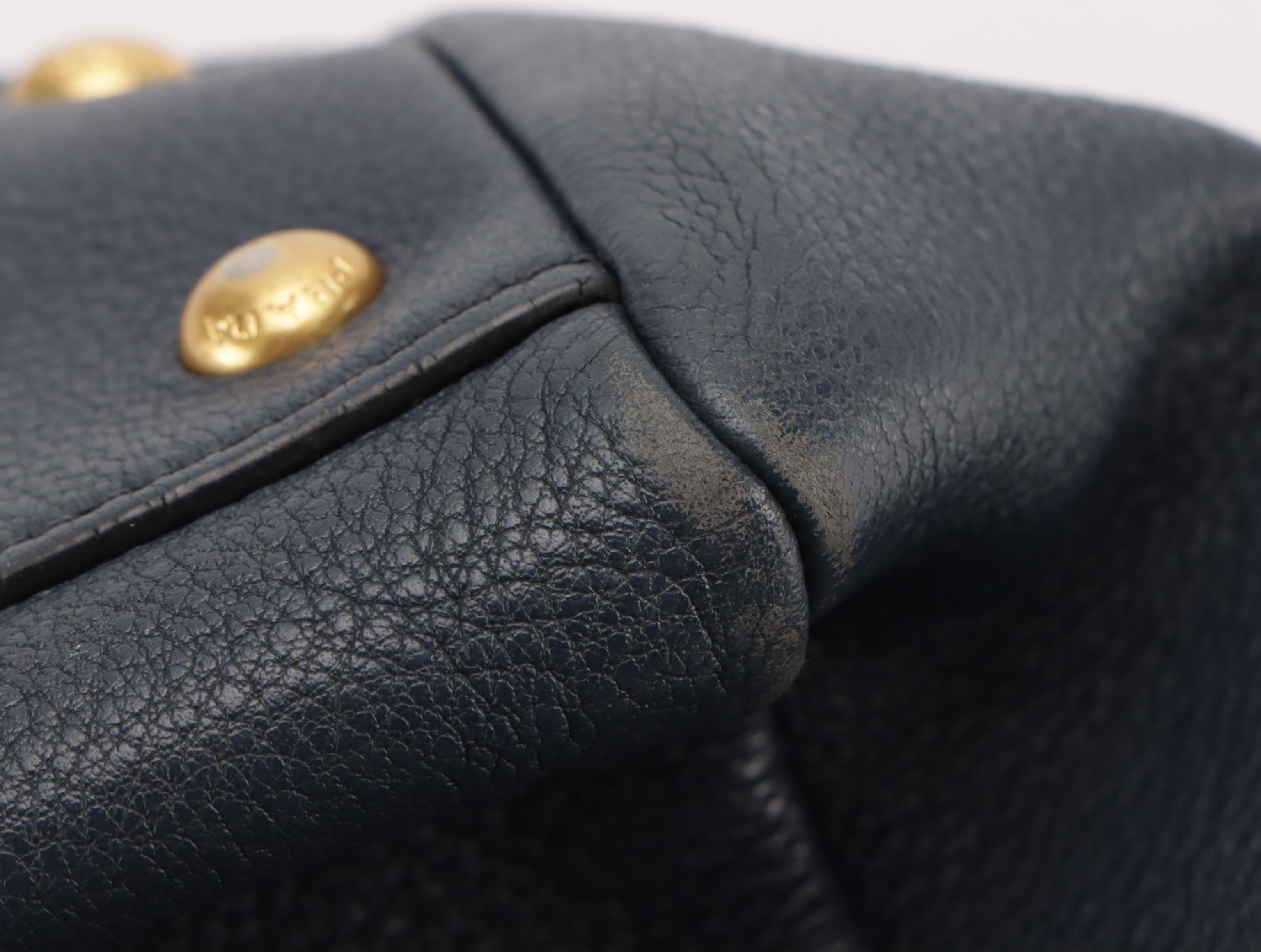 Prada Front Pocket Shopping Two-Way Tote in Navy Blue Vitello Daino Leather