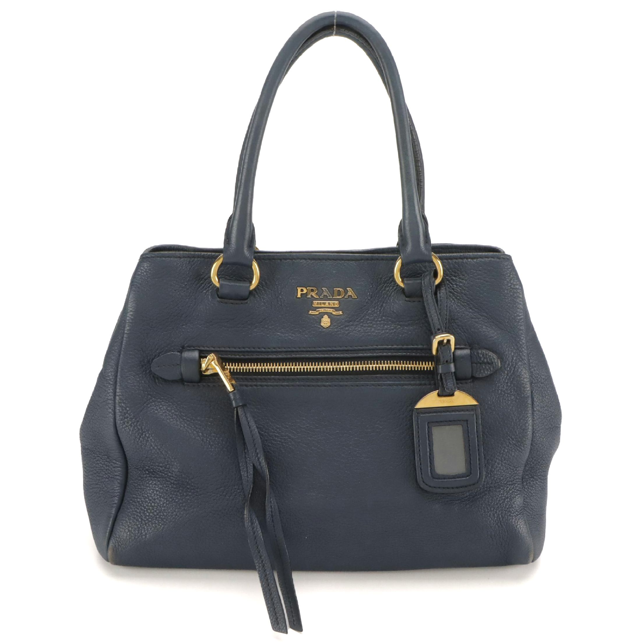 Prada Front Pocket Shopping Two-Way Tote in Navy Blue Vitello Daino Leather