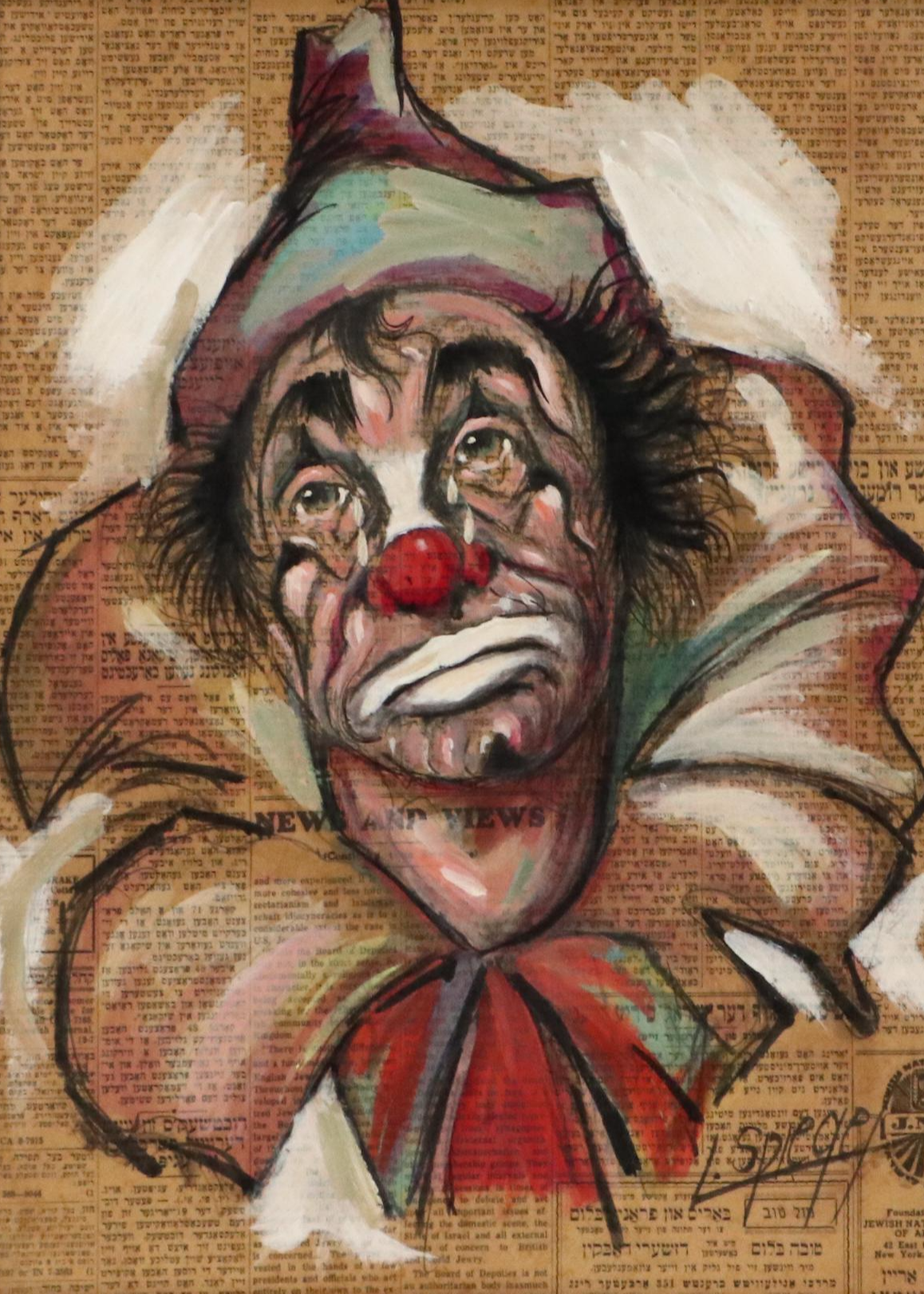 Louis Spiegel Oil Painting Portrait of Clown on Newspaper, 1969