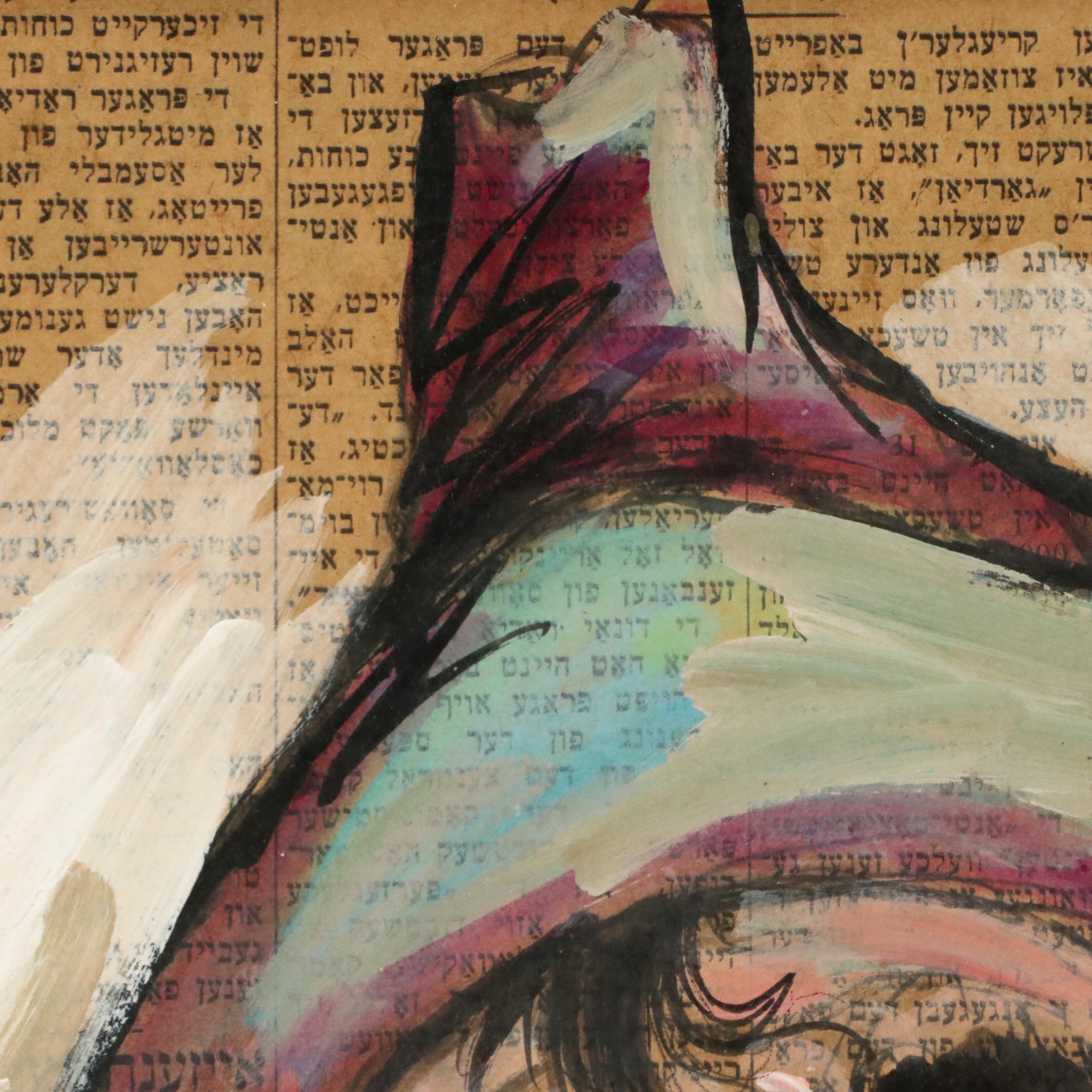 Louis Spiegel Oil Painting Portrait of Clown on Newspaper, 1969