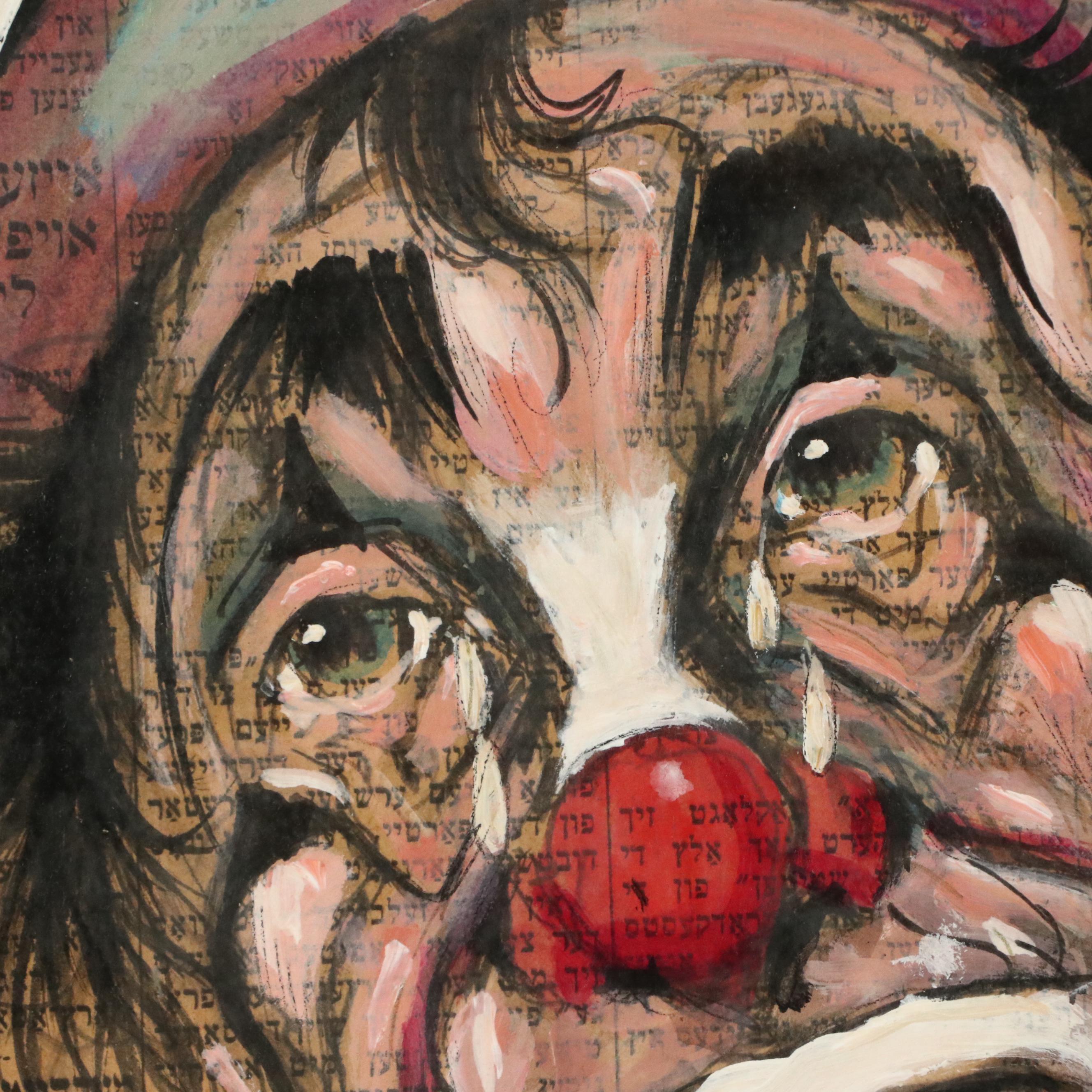 Louis Spiegel Oil Painting Portrait of Clown on Newspaper, 1969