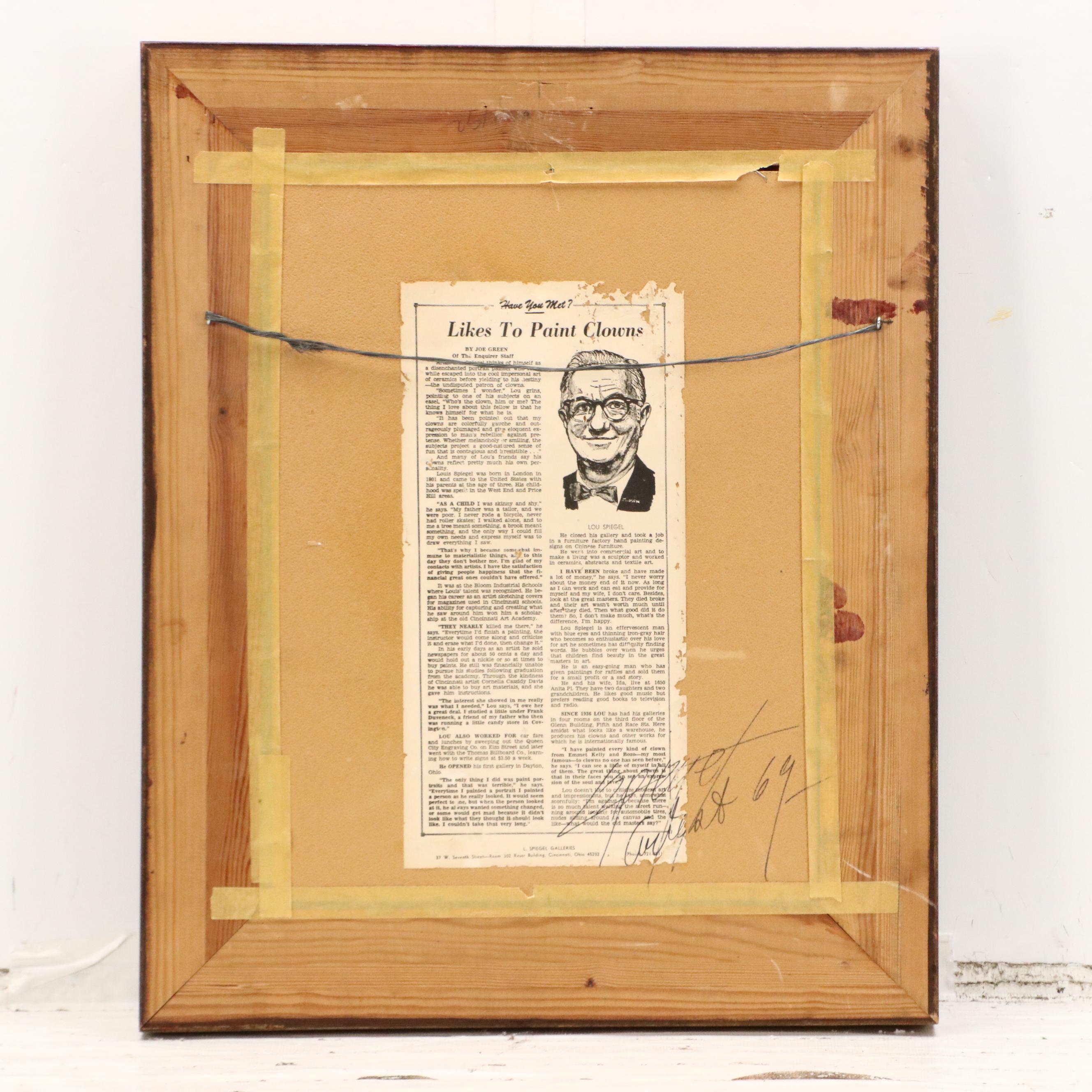 Louis Spiegel Oil Painting Portrait of Clown on Newspaper, 1969
