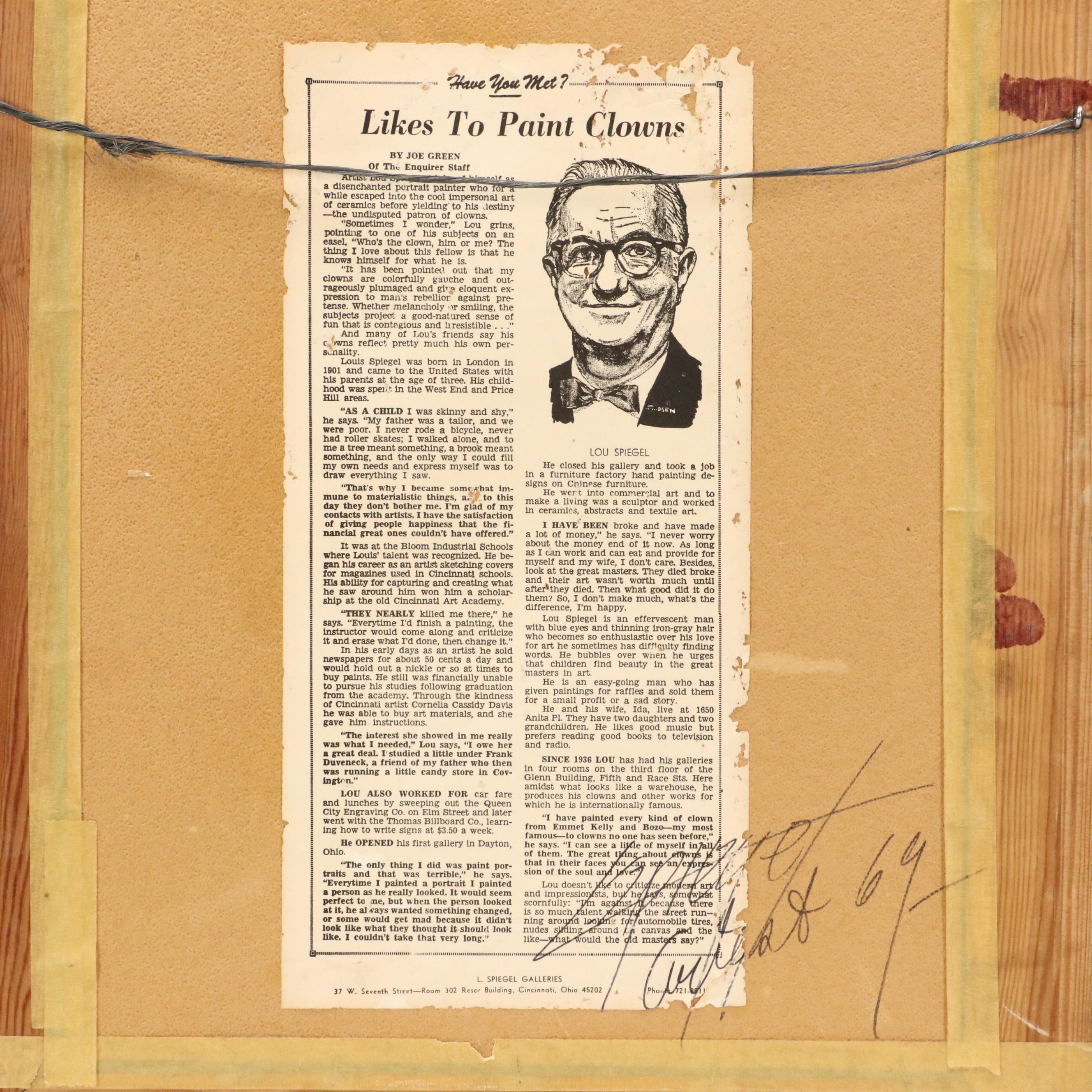 Louis Spiegel Oil Painting Portrait of Clown on Newspaper, 1969