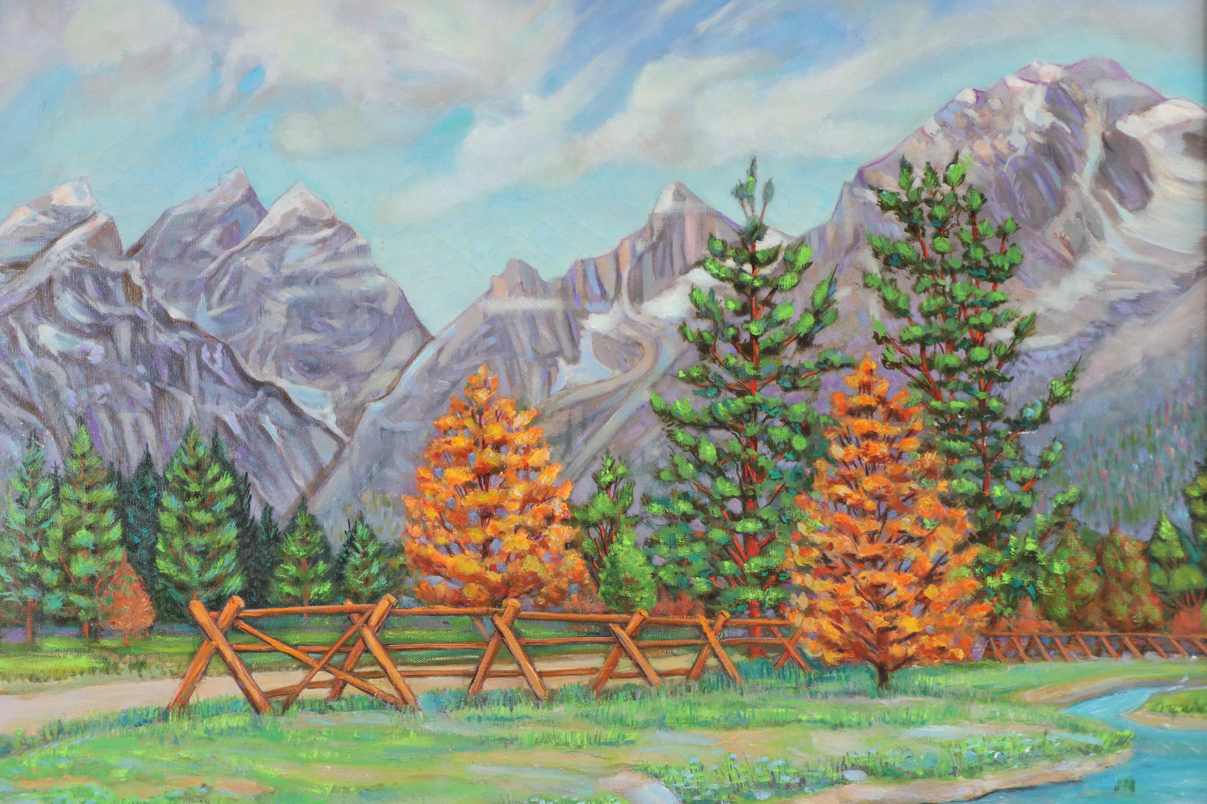 Oil Painting of Autumn Mountain Landscape, Late 20th Century