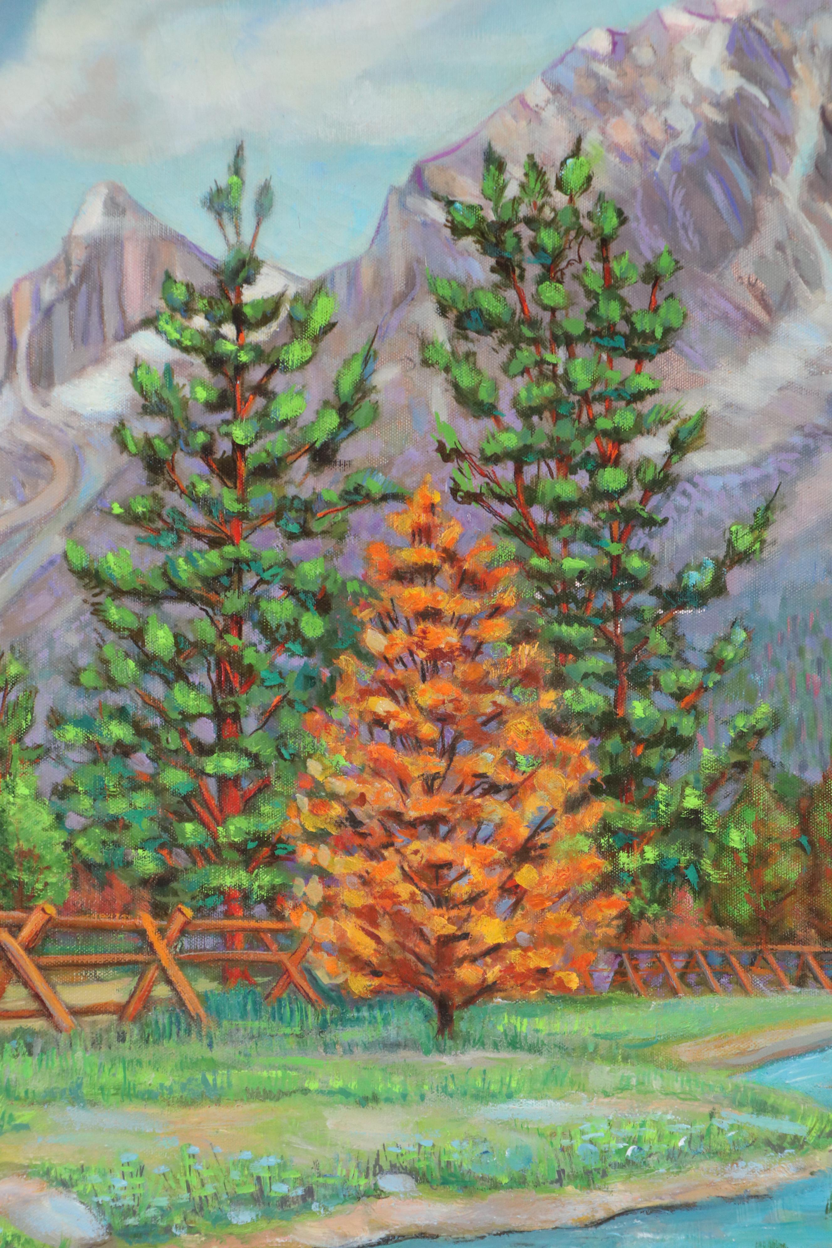 Oil Painting of Autumn Mountain Landscape, Late 20th Century