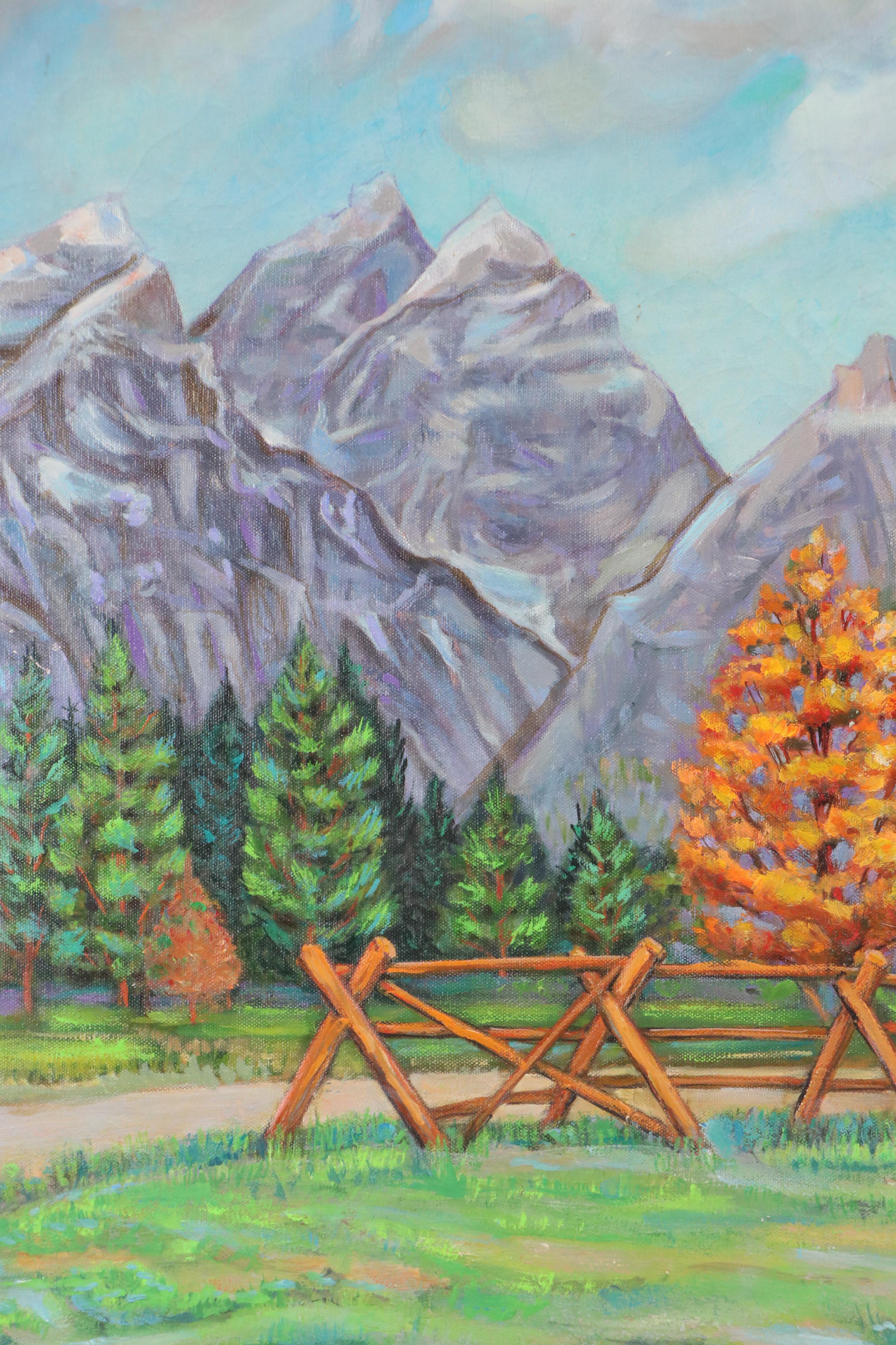 Oil Painting of Autumn Mountain Landscape, Late 20th Century