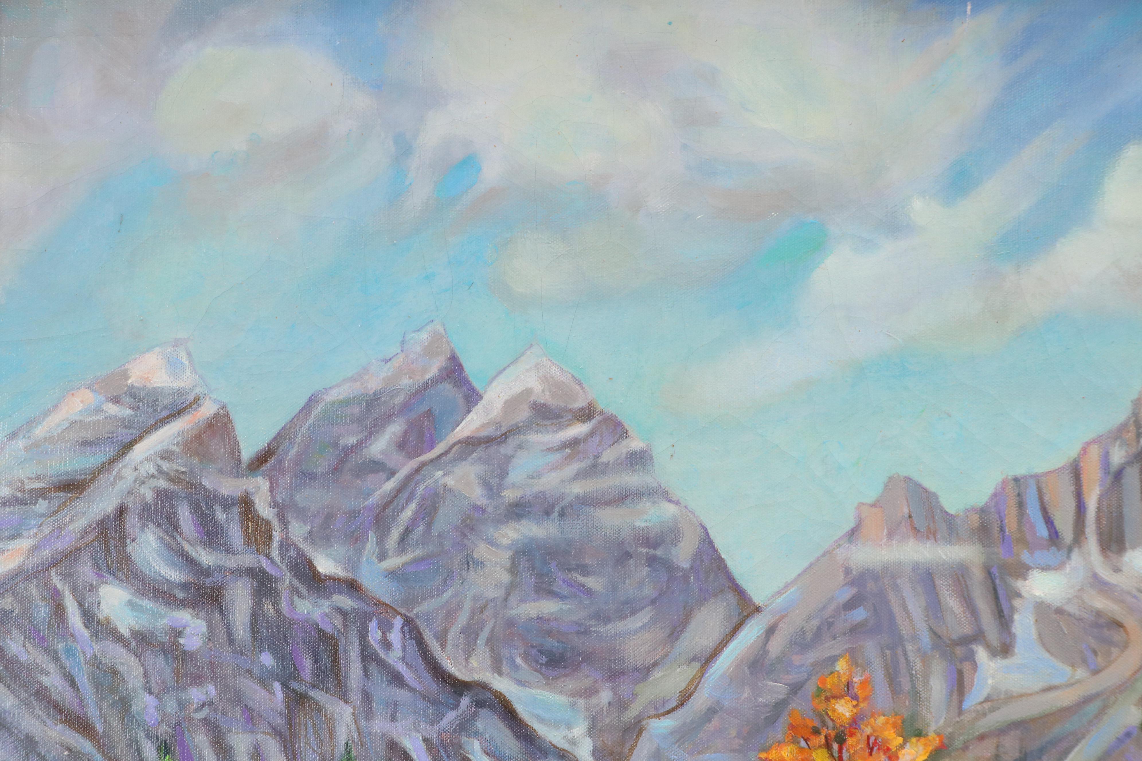 Oil Painting of Autumn Mountain Landscape, Late 20th Century