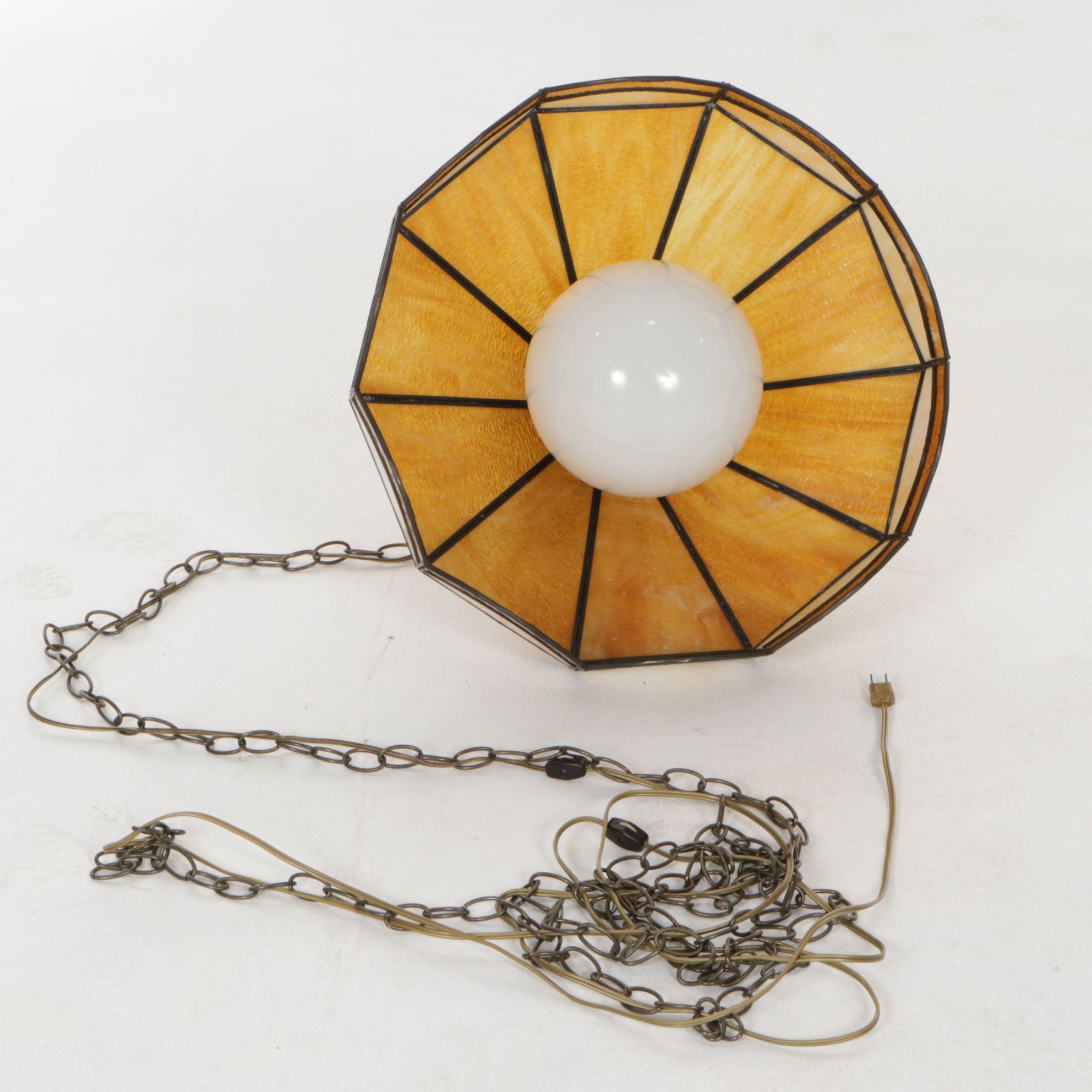 Caramel and Pebbled Slag Glass Pendant Swag Lamp, Vintage