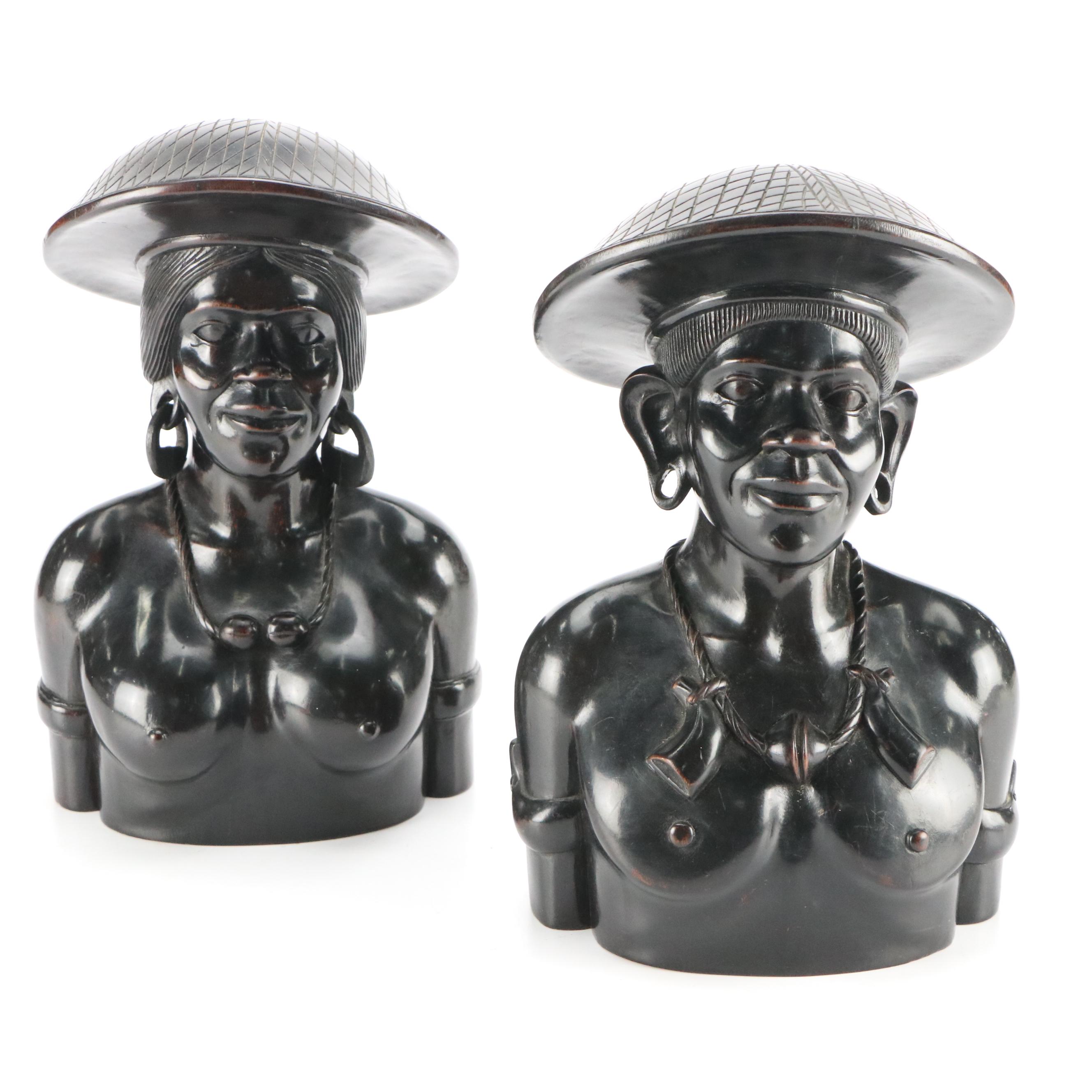 Philippine Igorot Ebonized Carved Male and Female Busts, Mid-20th Century