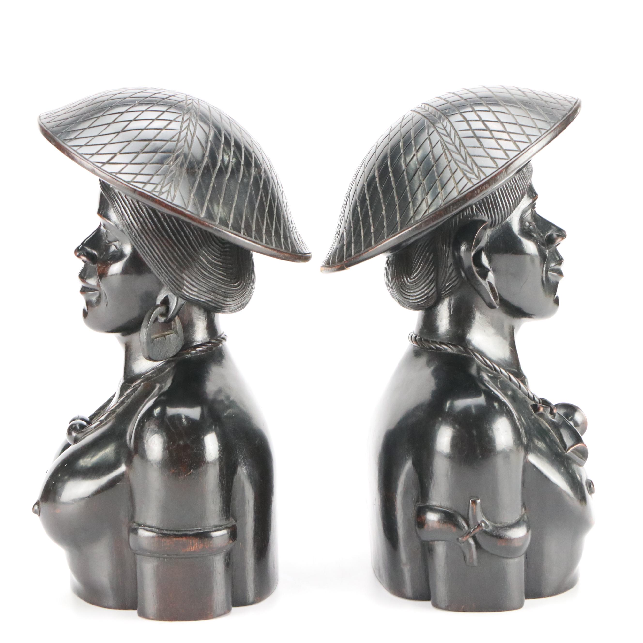 Philippine Igorot Ebonized Carved Male and Female Busts, Mid-20th Century