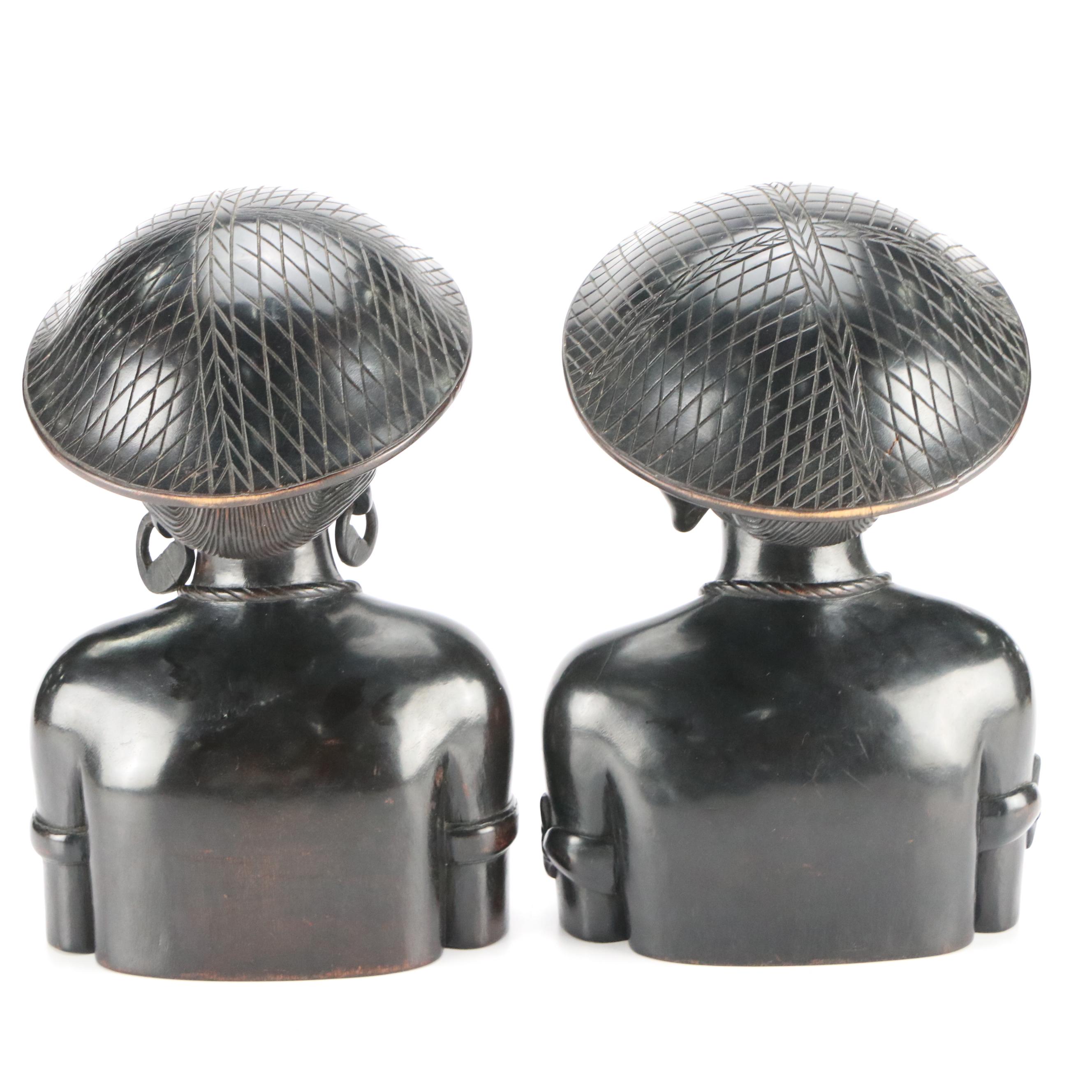 Philippine Igorot Ebonized Carved Male and Female Busts, Mid-20th Century