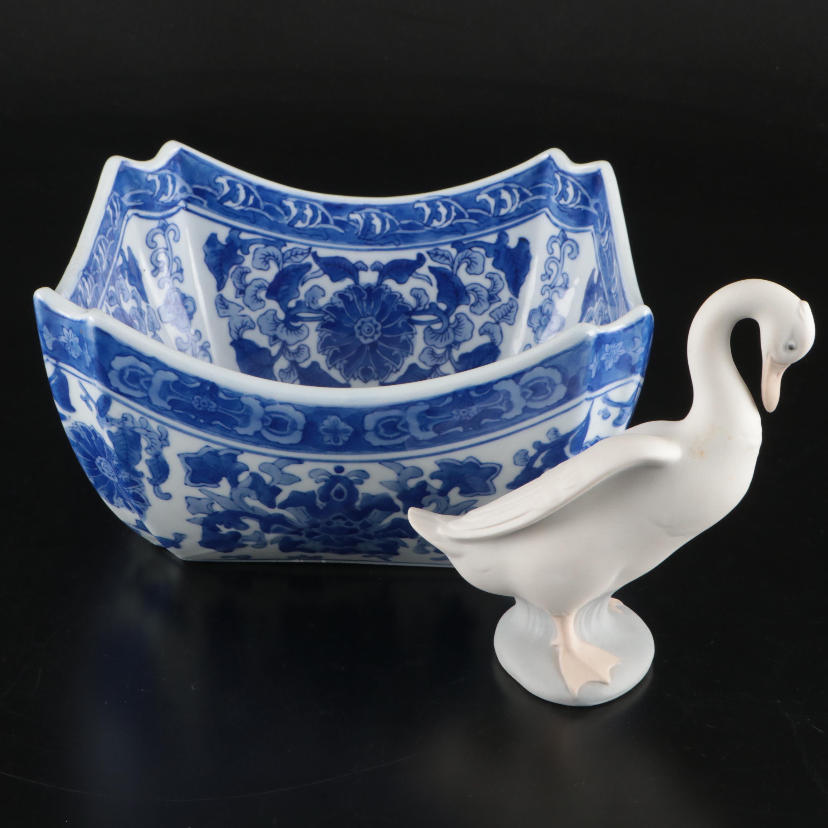 Nao by Lladró "Goose" Porcelain Figure with Chinese Floral Blue and White Bowl