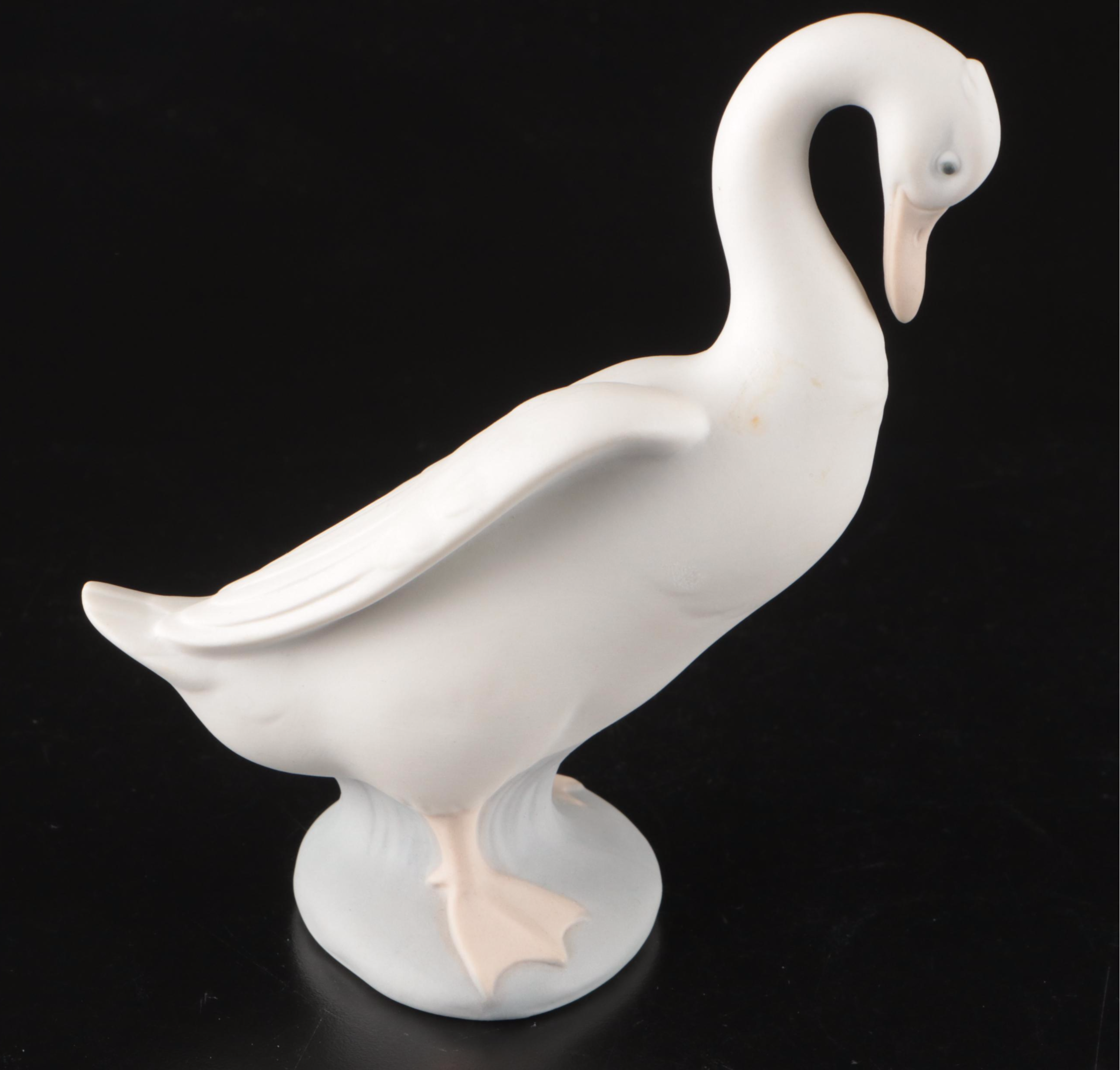 Nao by Lladró "Goose" Porcelain Figure with Chinese Floral Blue and White Bowl