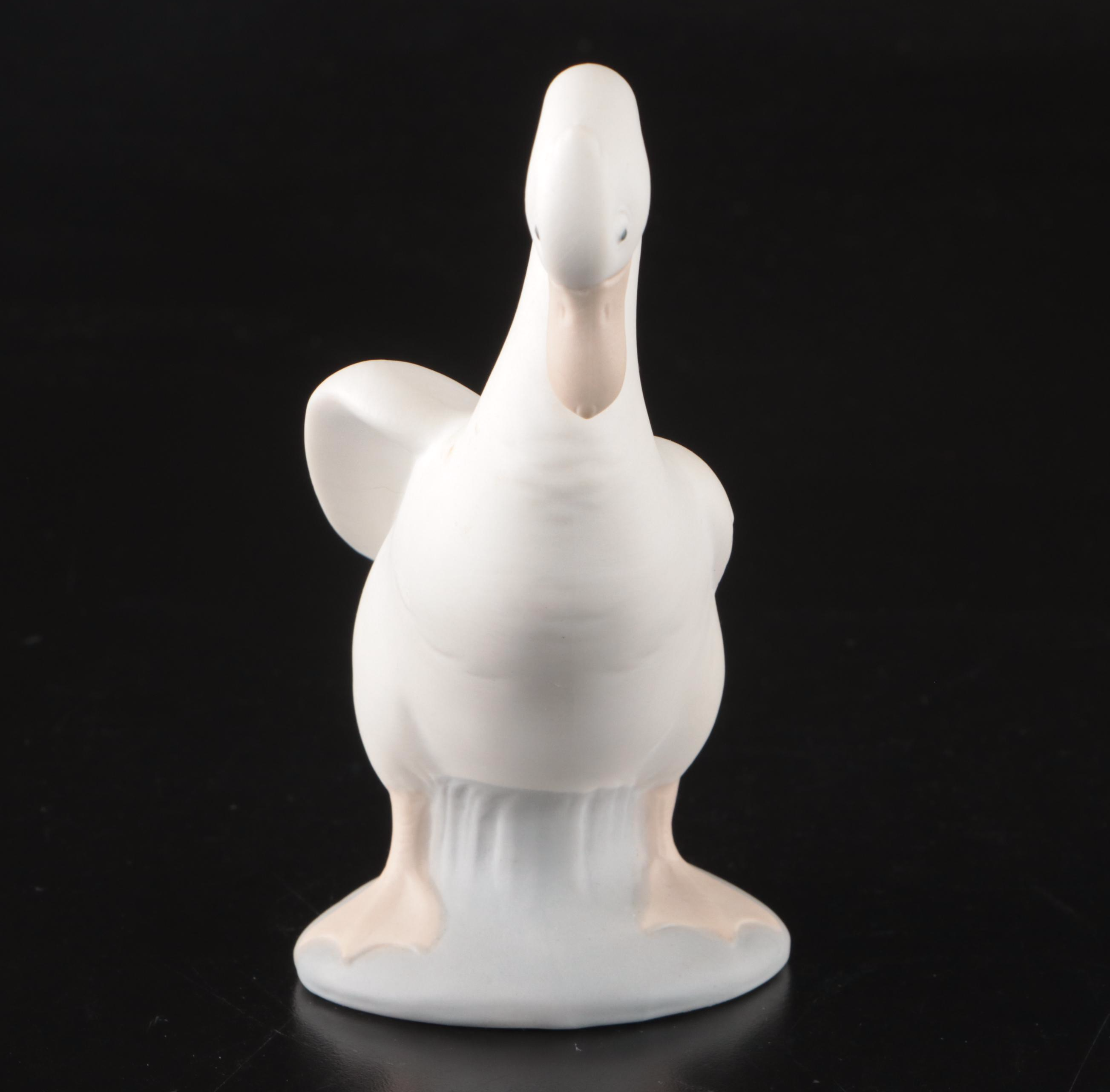 Nao by Lladró "Goose" Porcelain Figure with Chinese Floral Blue and White Bowl