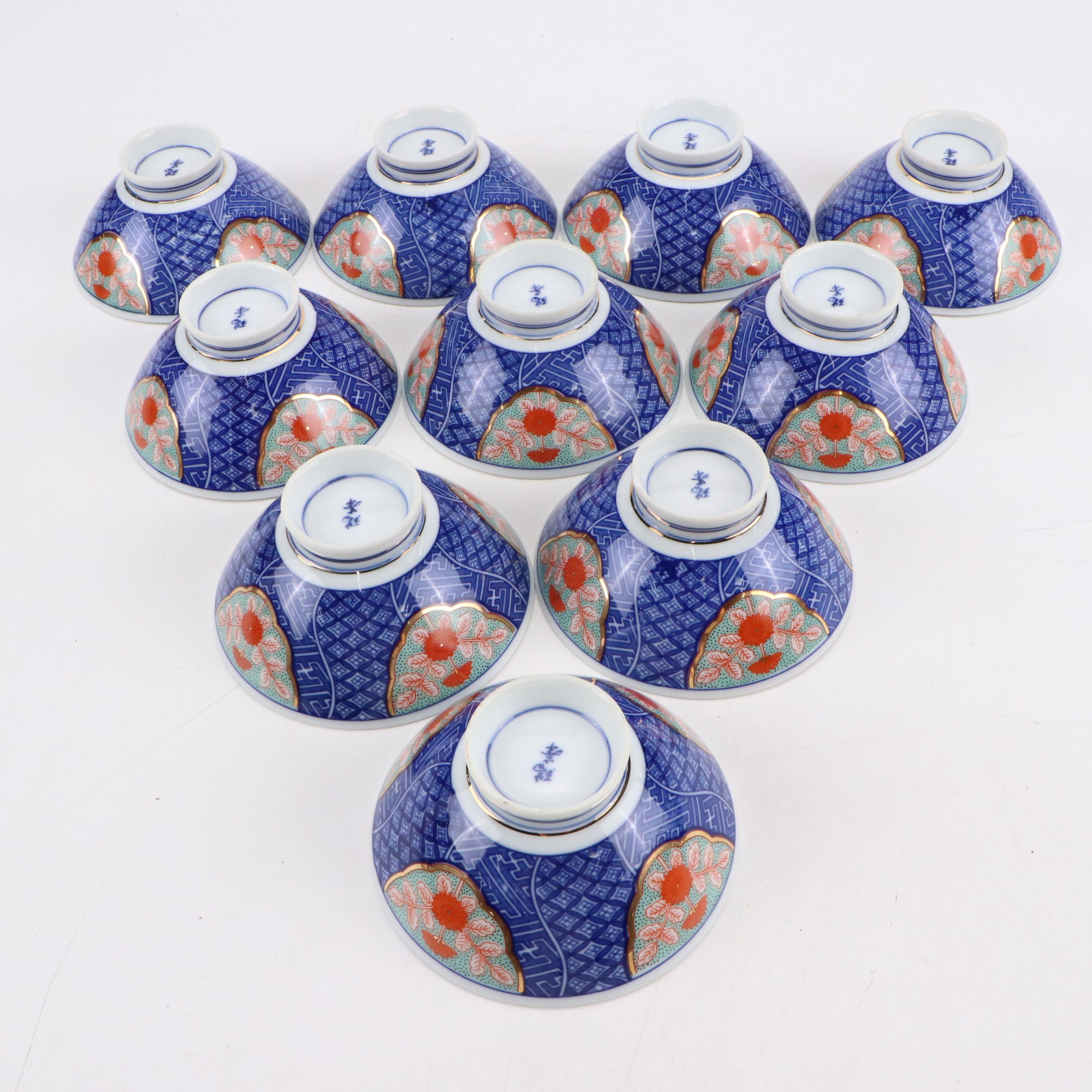 Otagiri Japanese Porcelain Plate with Ten Imari Rice Bowls