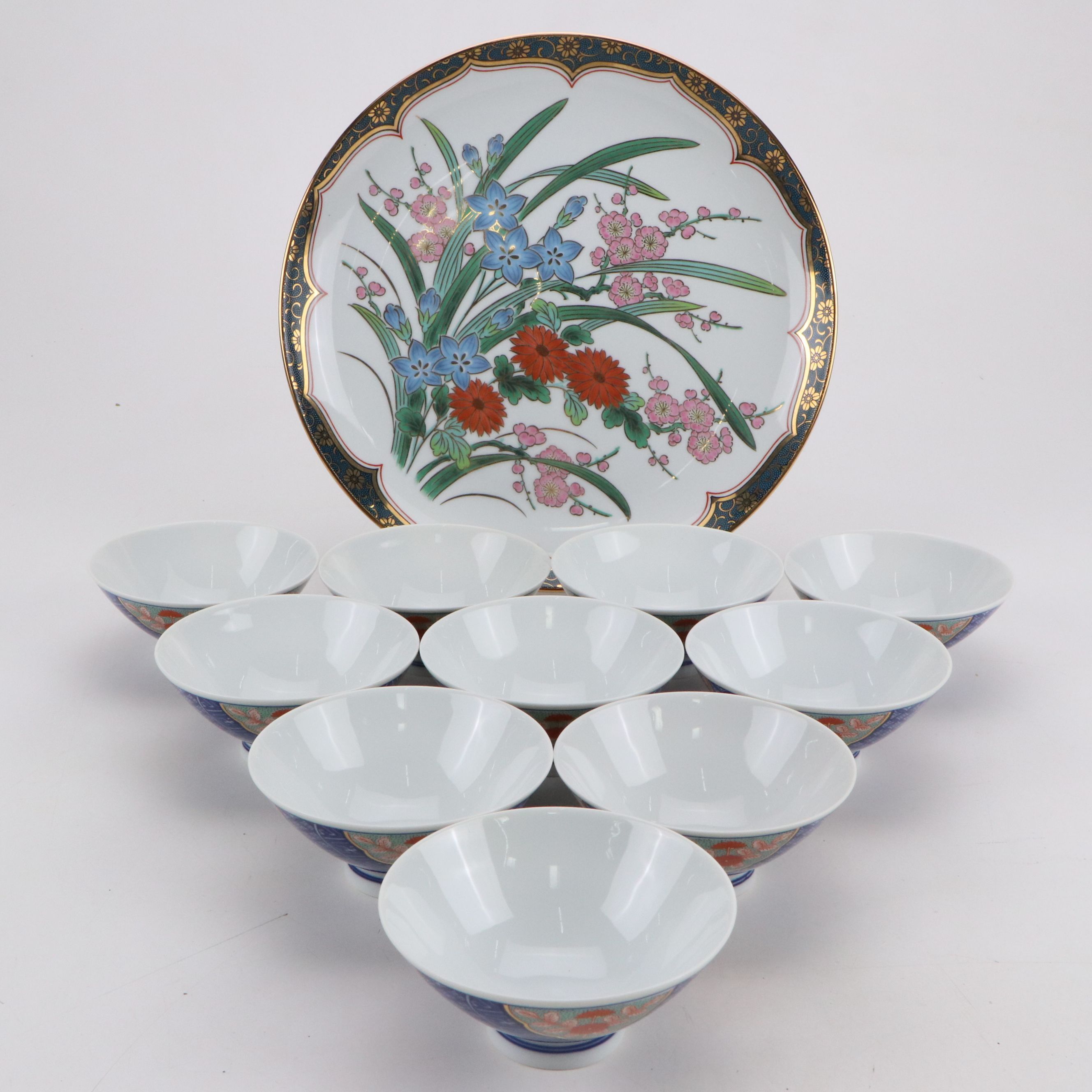 Otagiri Japanese Porcelain Plate with Ten Imari Rice Bowls
