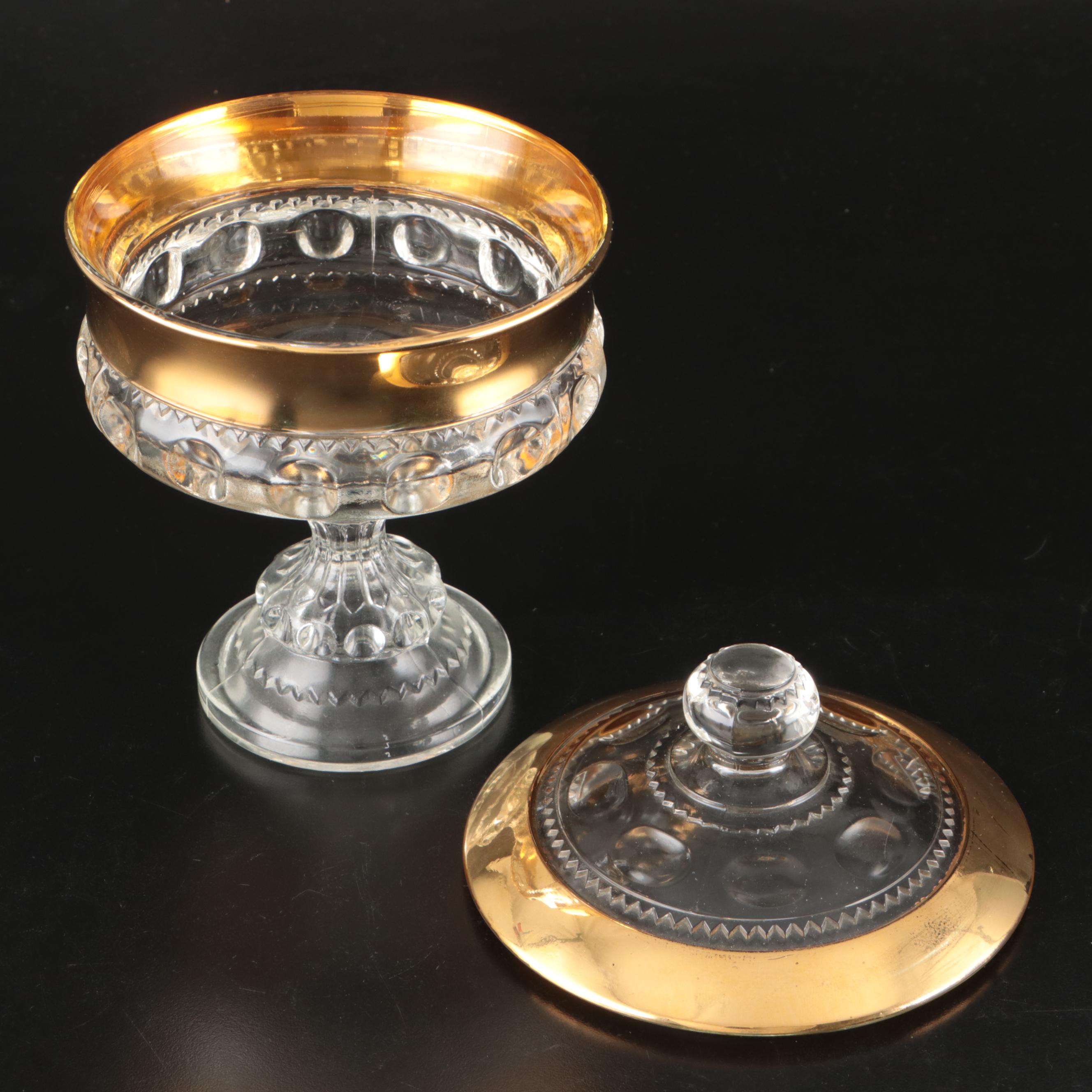 Indiana Glass "Kings Crown" Gilt Rim Pedestal Dish with Pressed Glass Bowl