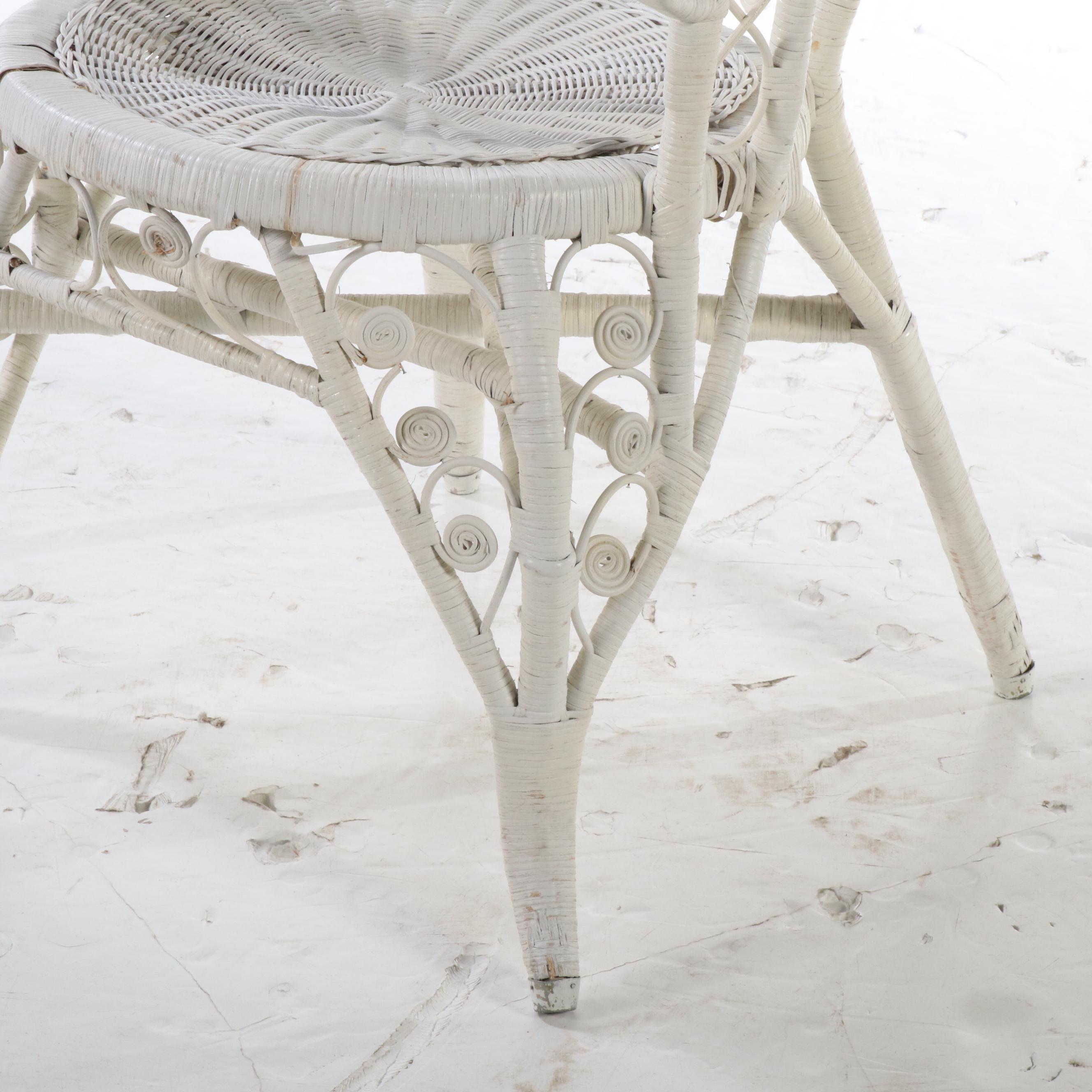 Victorian Peacock Style White Painted Rattan Wicker Armchair, Early 20th Century