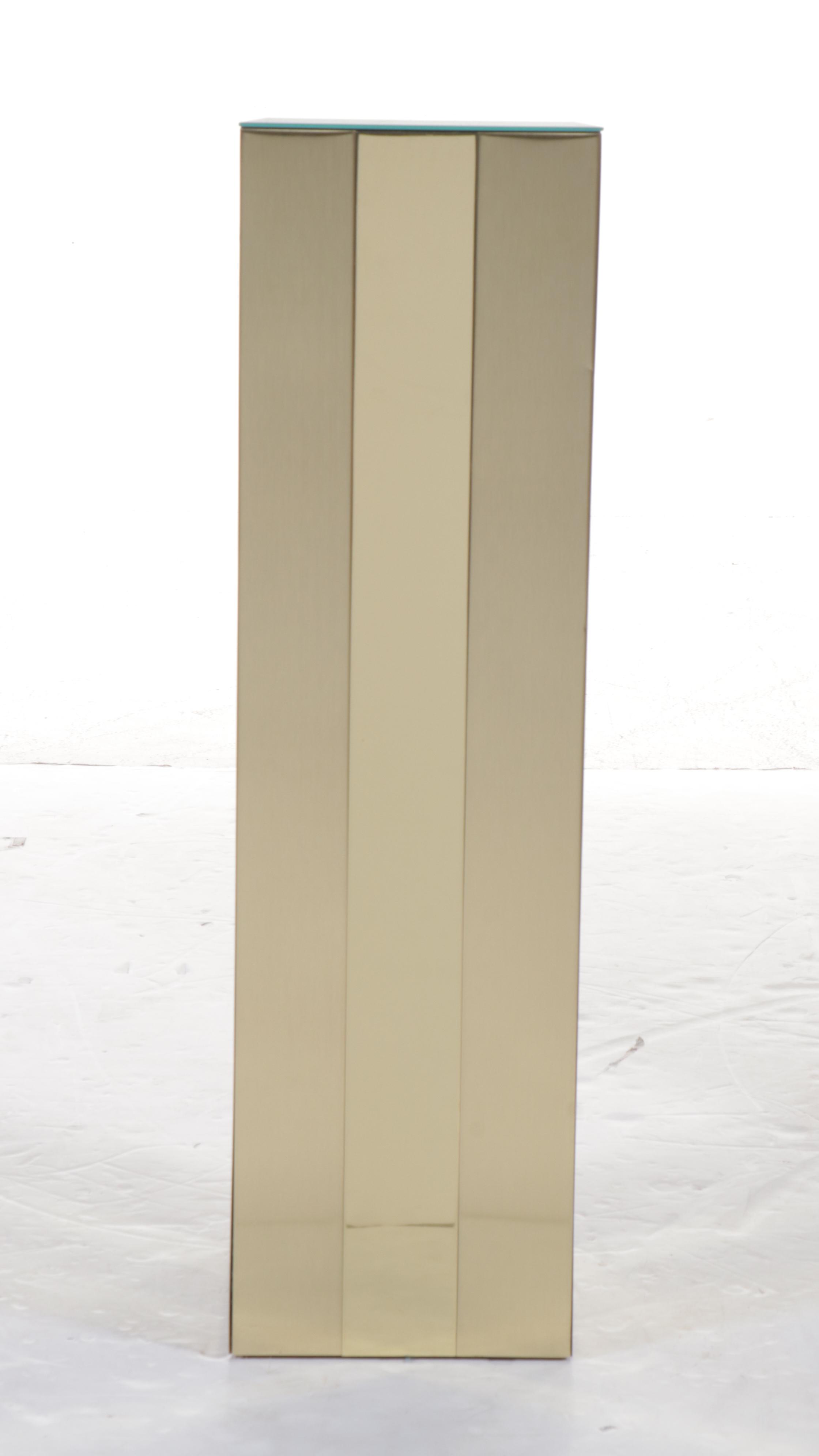 Postmodern Brass Clad Pedestal with Mirrored Glass Top