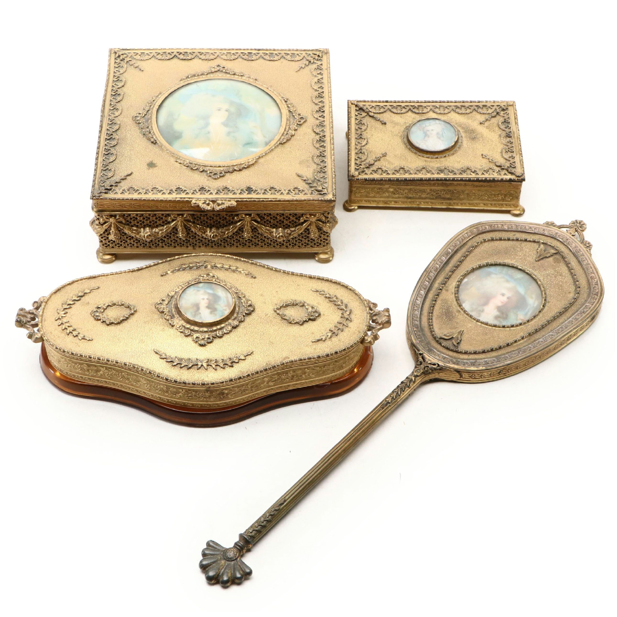 Apollo Studio Ormolu Vanity Boxes and Hand Mirror with Painted Mini-Portraits