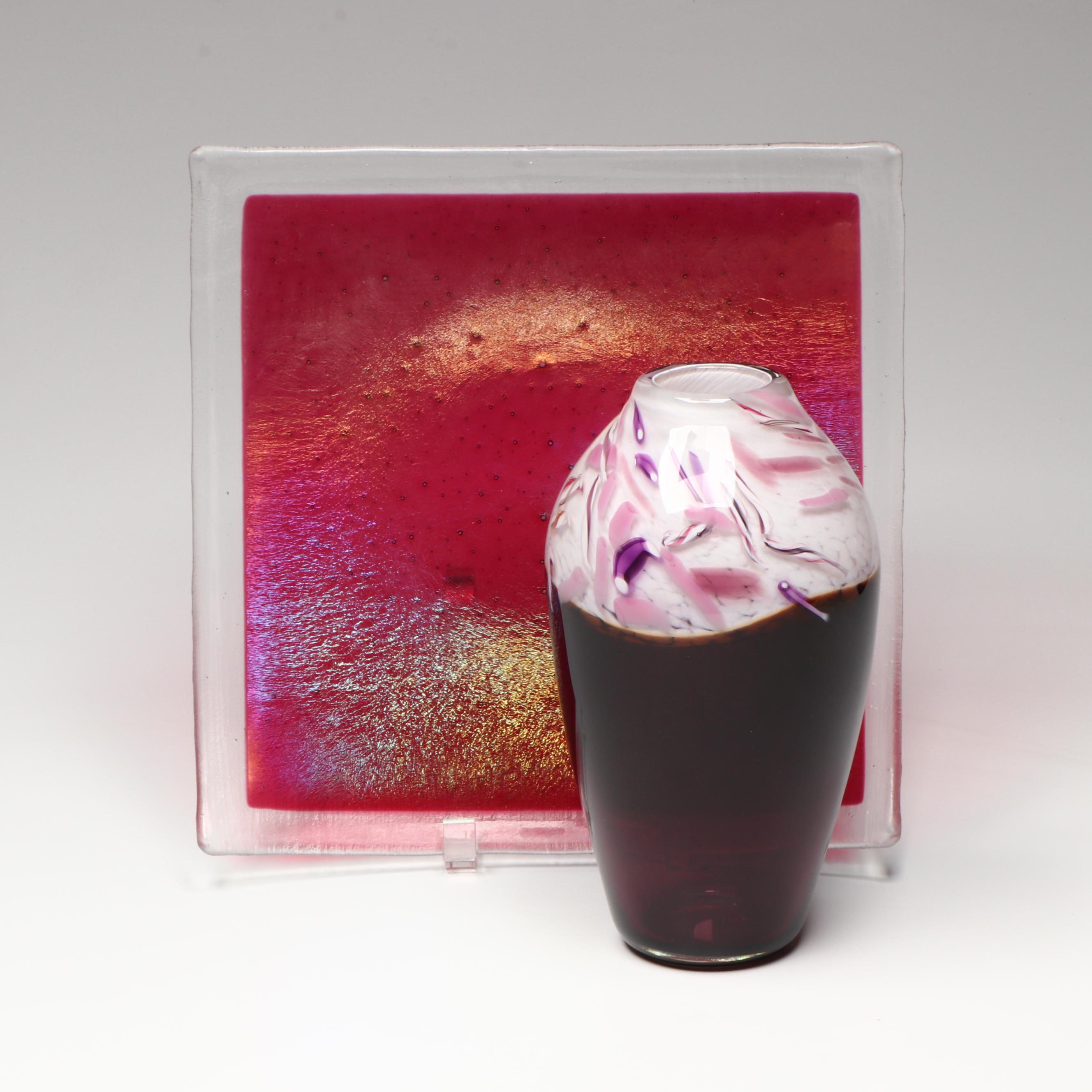 Artist Signed Art Glass Vase with Art Glass Iridescent Curved Plate