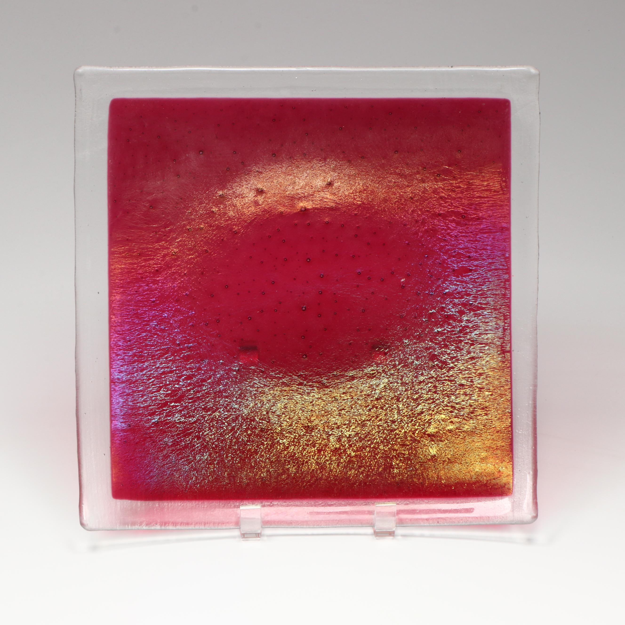 Artist Signed Art Glass Vase with Art Glass Iridescent Curved Plate