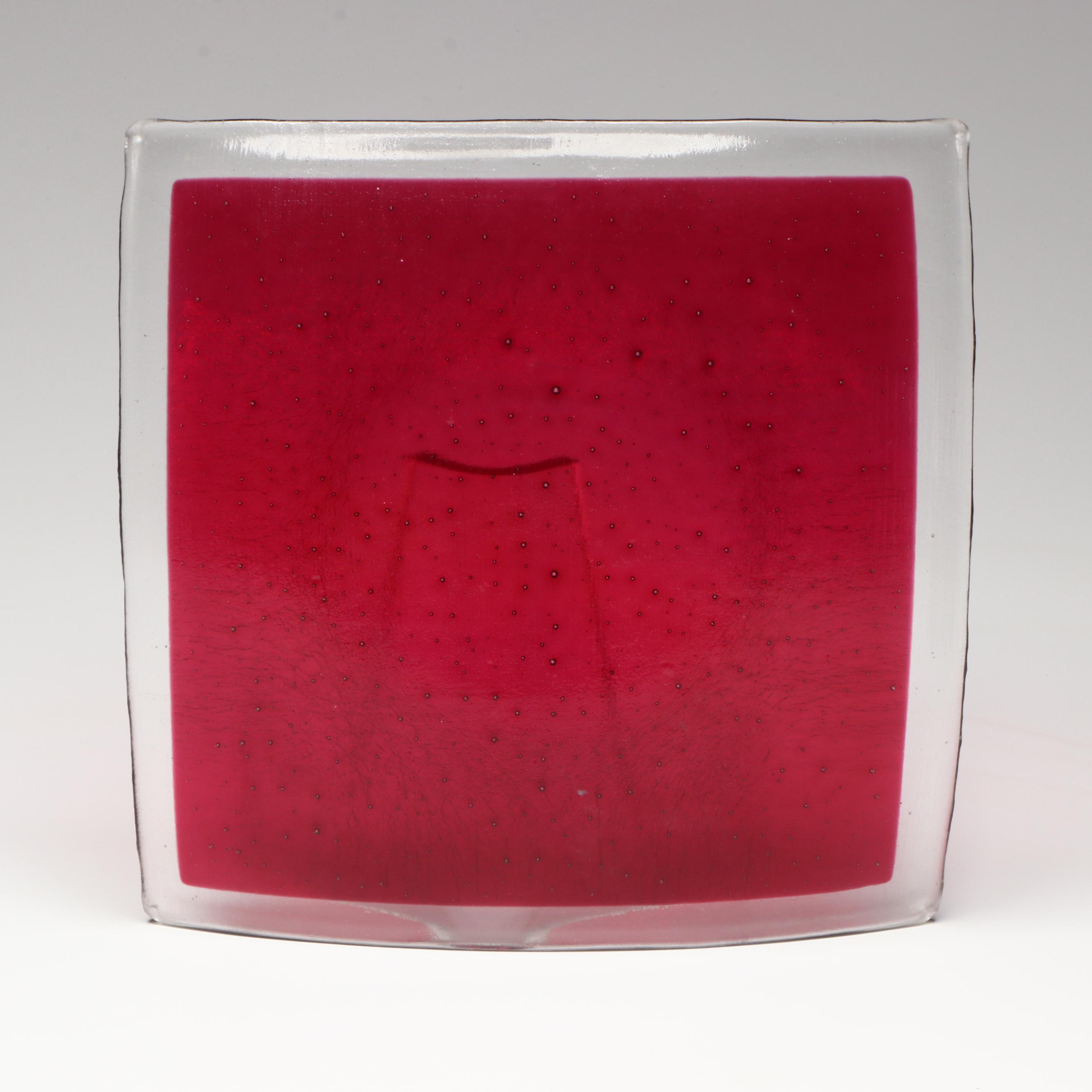 Artist Signed Art Glass Vase with Art Glass Iridescent Curved Plate