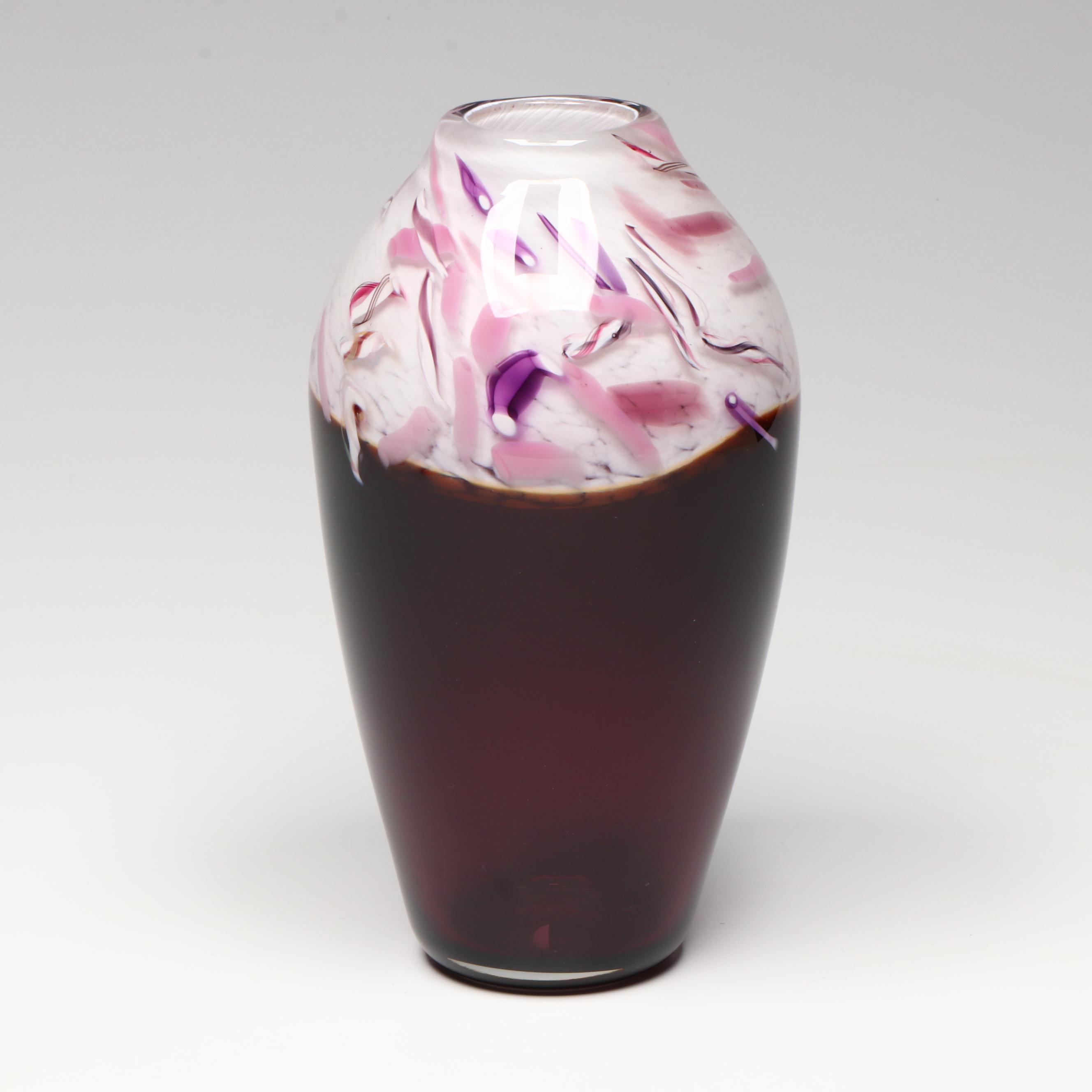 Artist Signed Art Glass Vase with Art Glass Iridescent Curved Plate