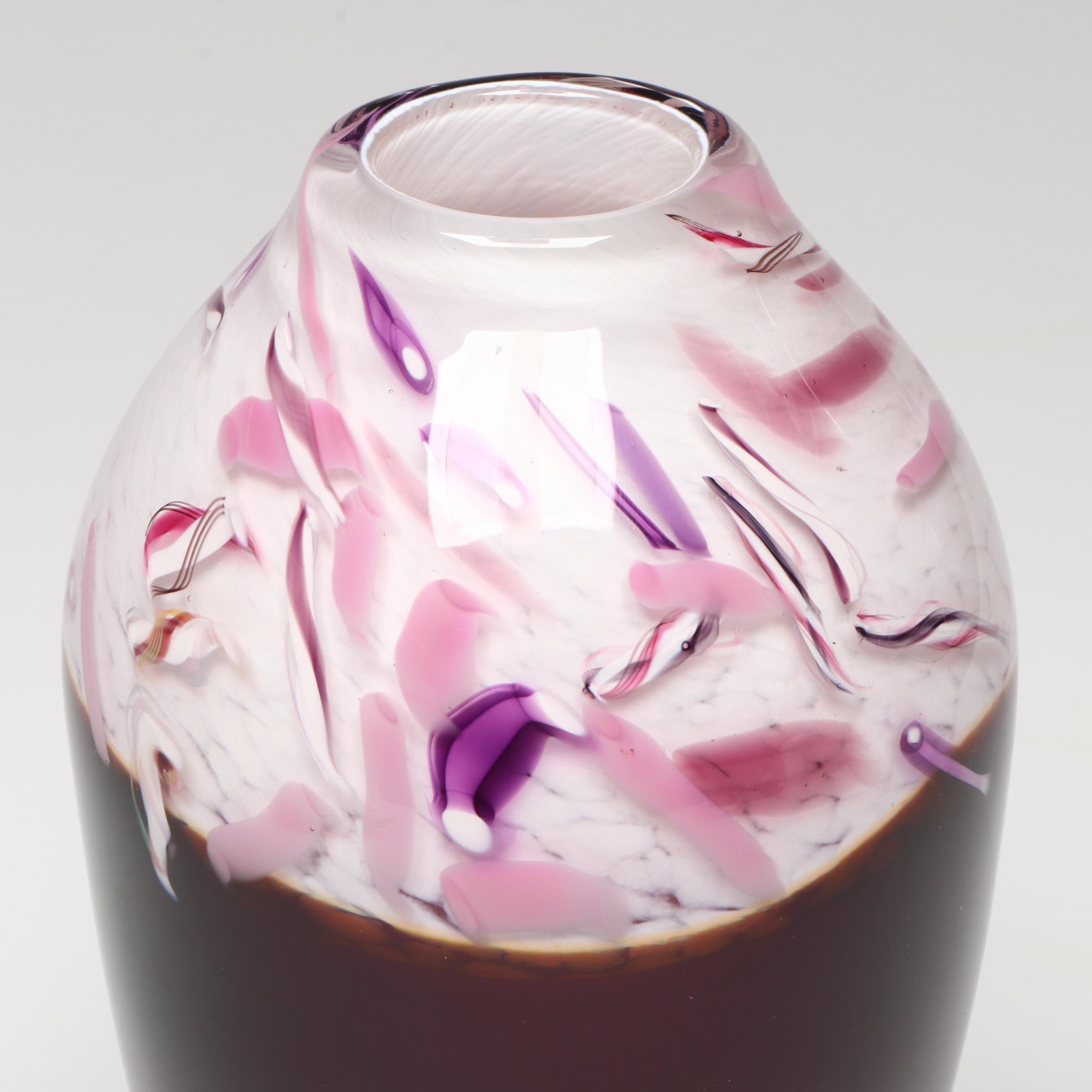 Artist Signed Art Glass Vase with Art Glass Iridescent Curved Plate