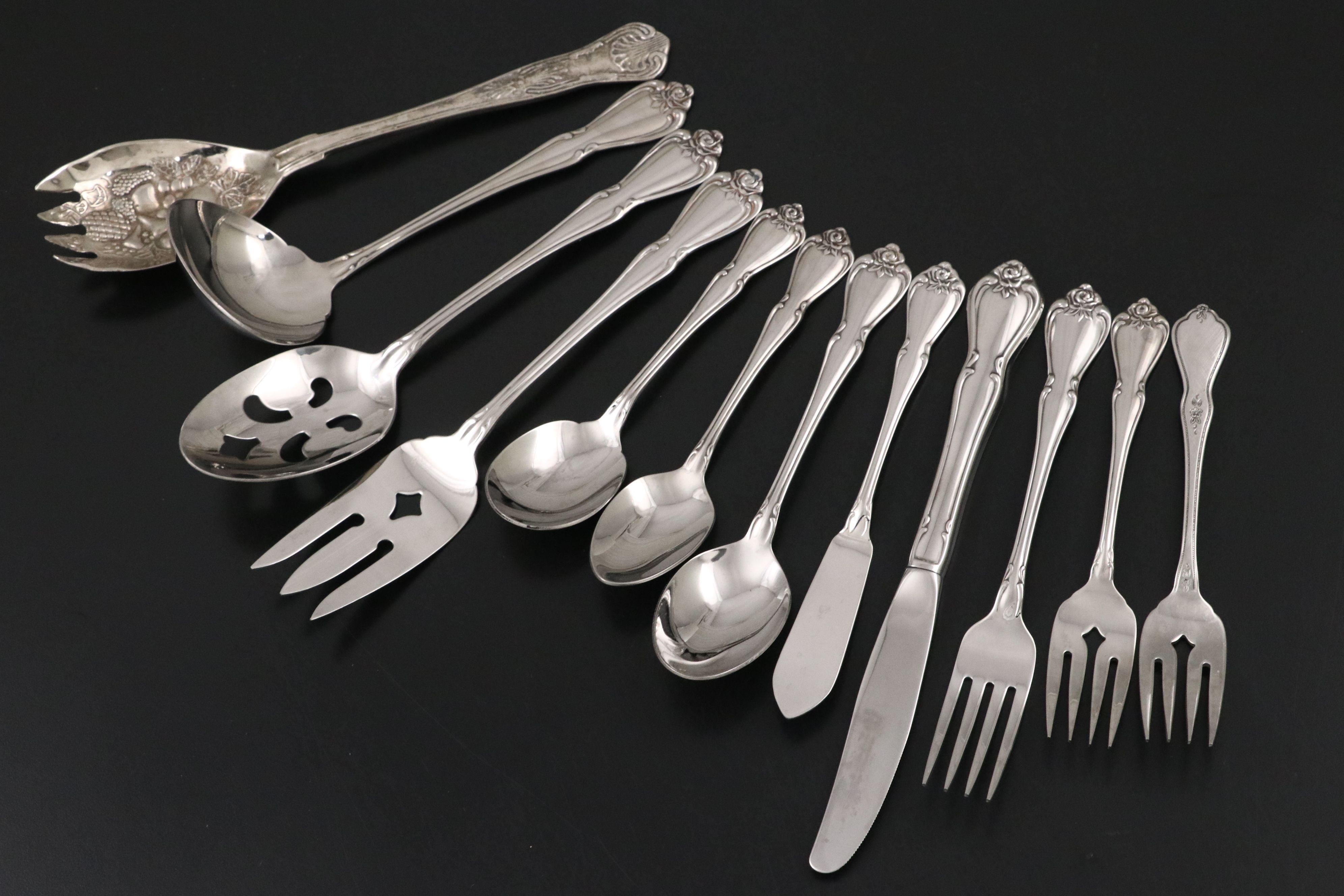 Oneida "Arbor Rose-True Rose" Stainless Steel Flatware, Late 20th Century