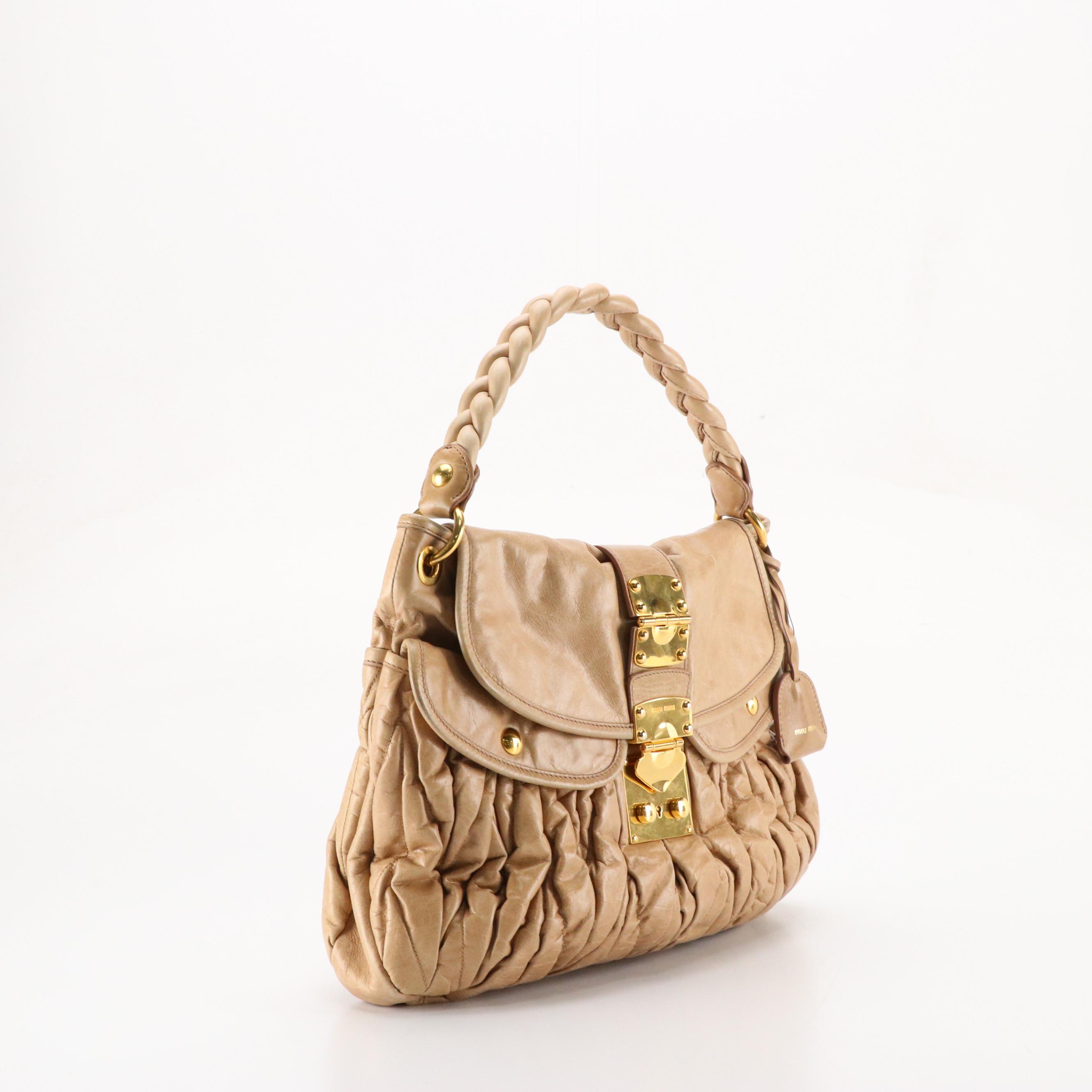 Miu Miu Braided Handle Two-Way Coffer Bag in Neutral Matelassé Leather