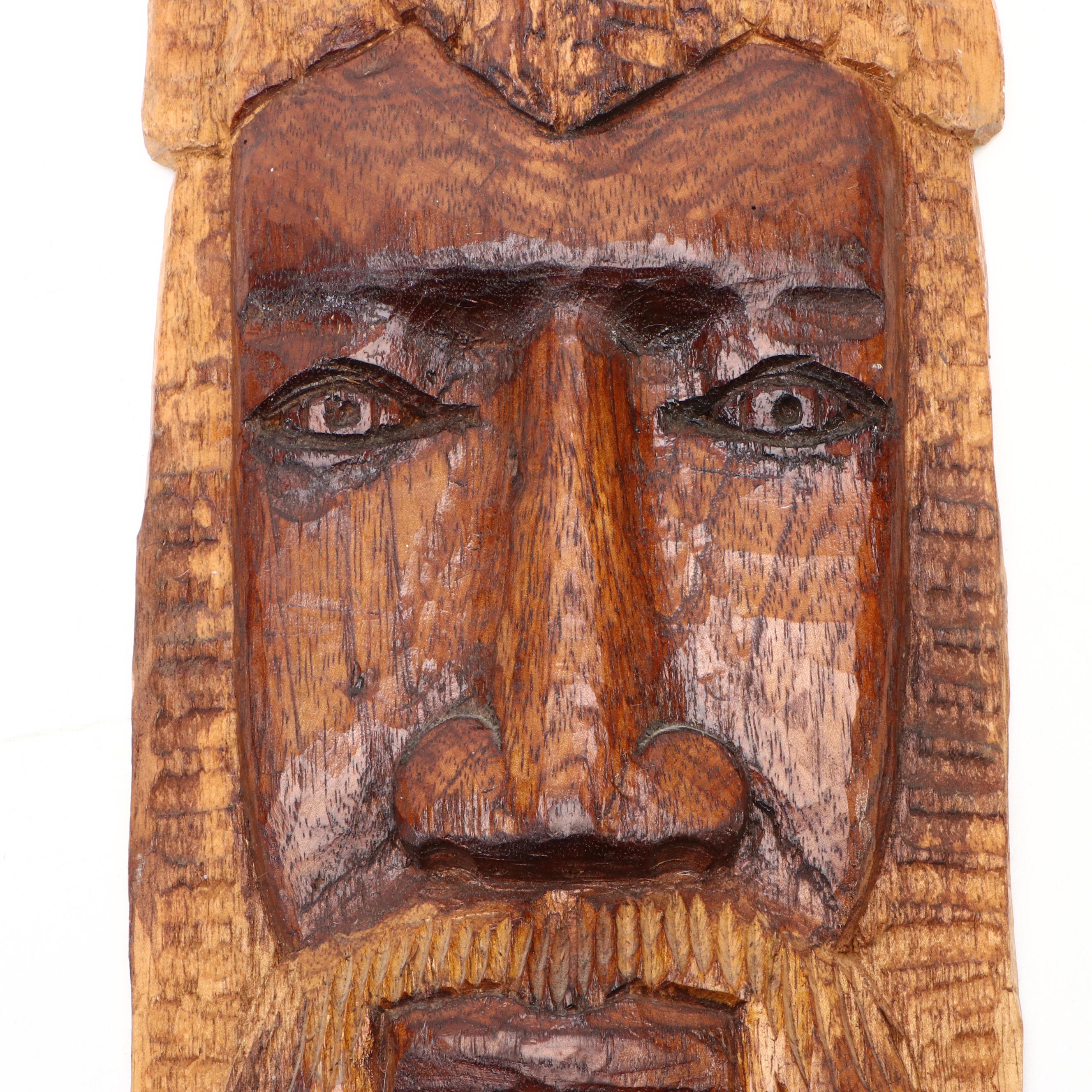 Polychrome Round and Long Carved Wooden Wall Masks