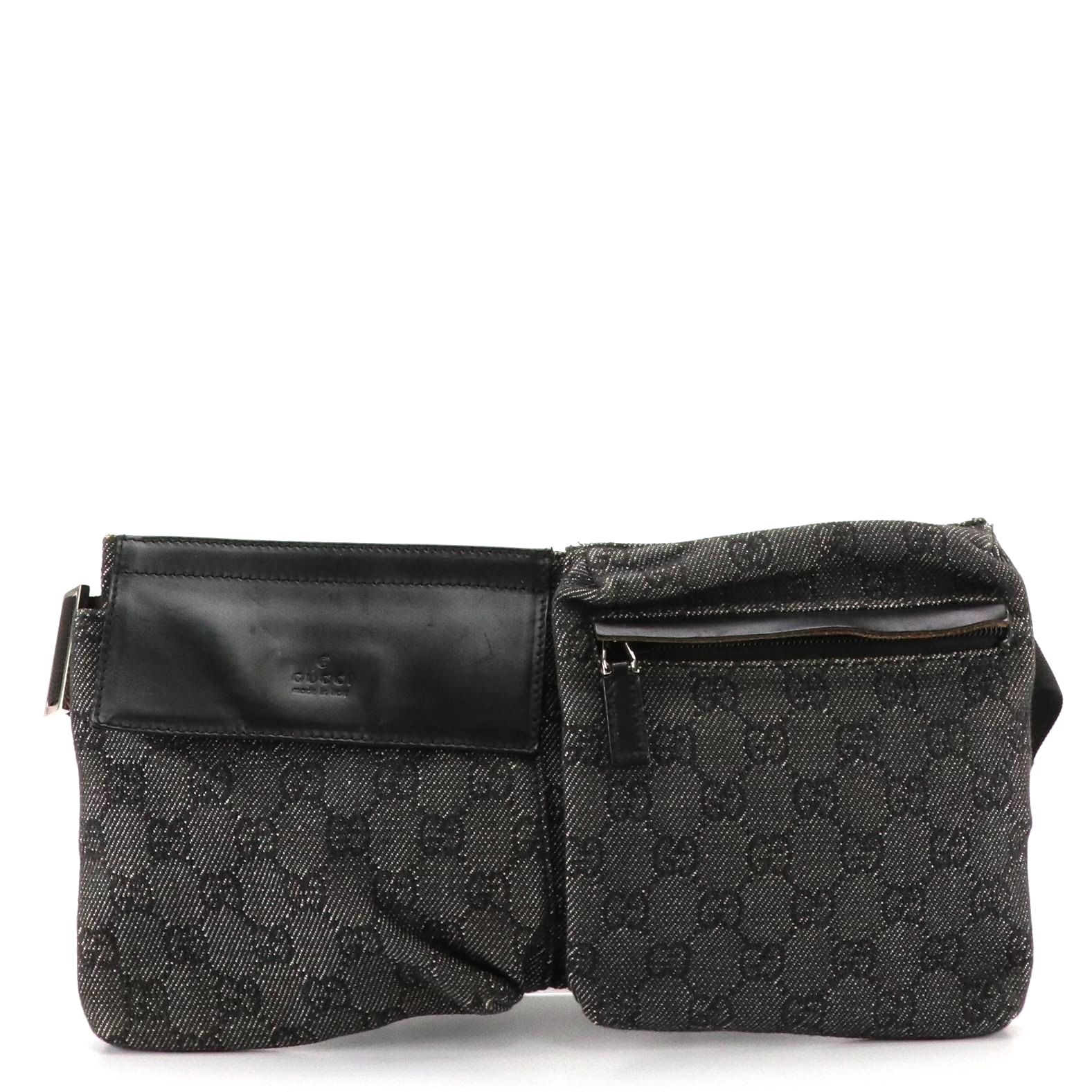 Gucci Double Pocket Belt Bag in Black GG Canvas and Leather