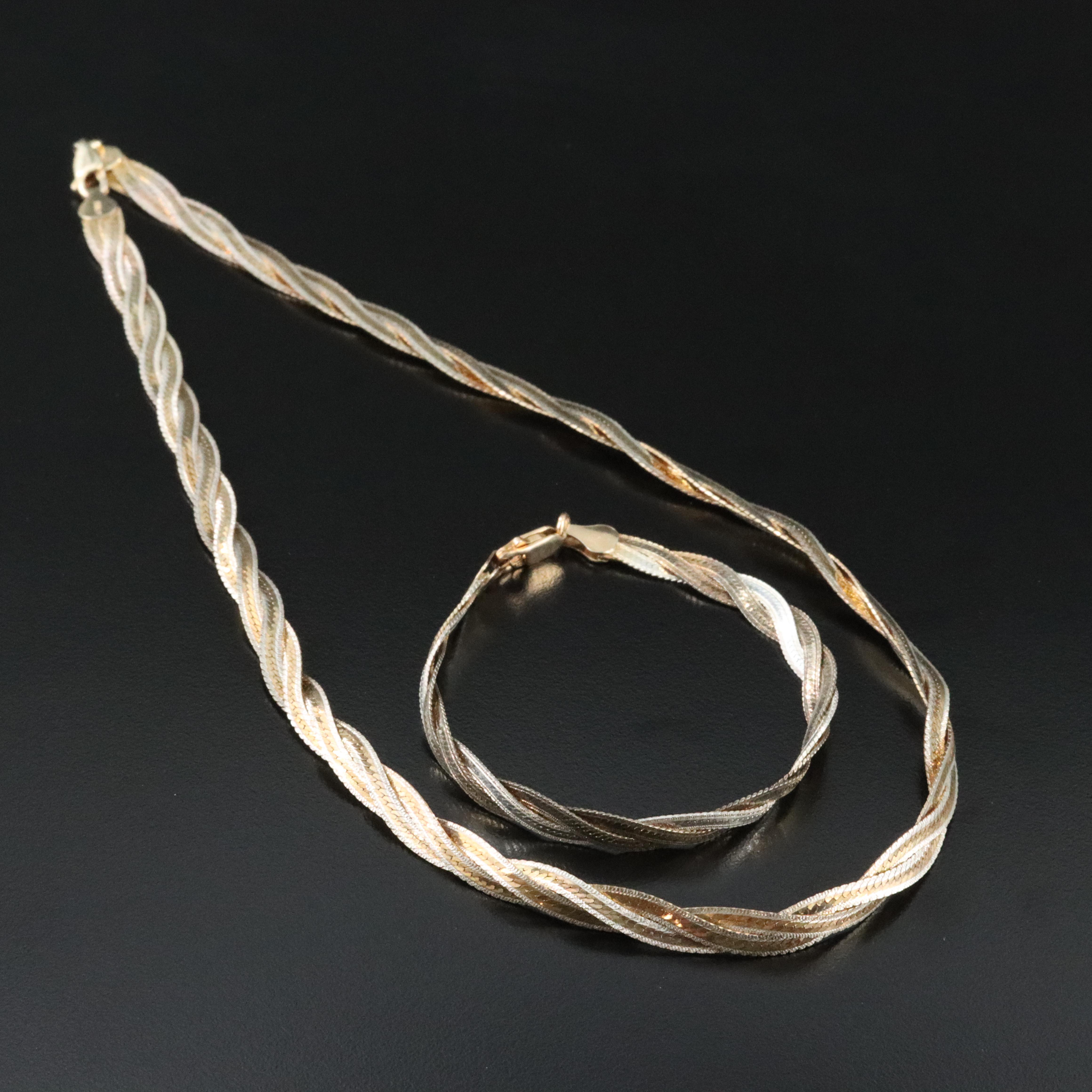 Sterling Two-Tone Braided Herringbone Chain Necklace and Bracelet