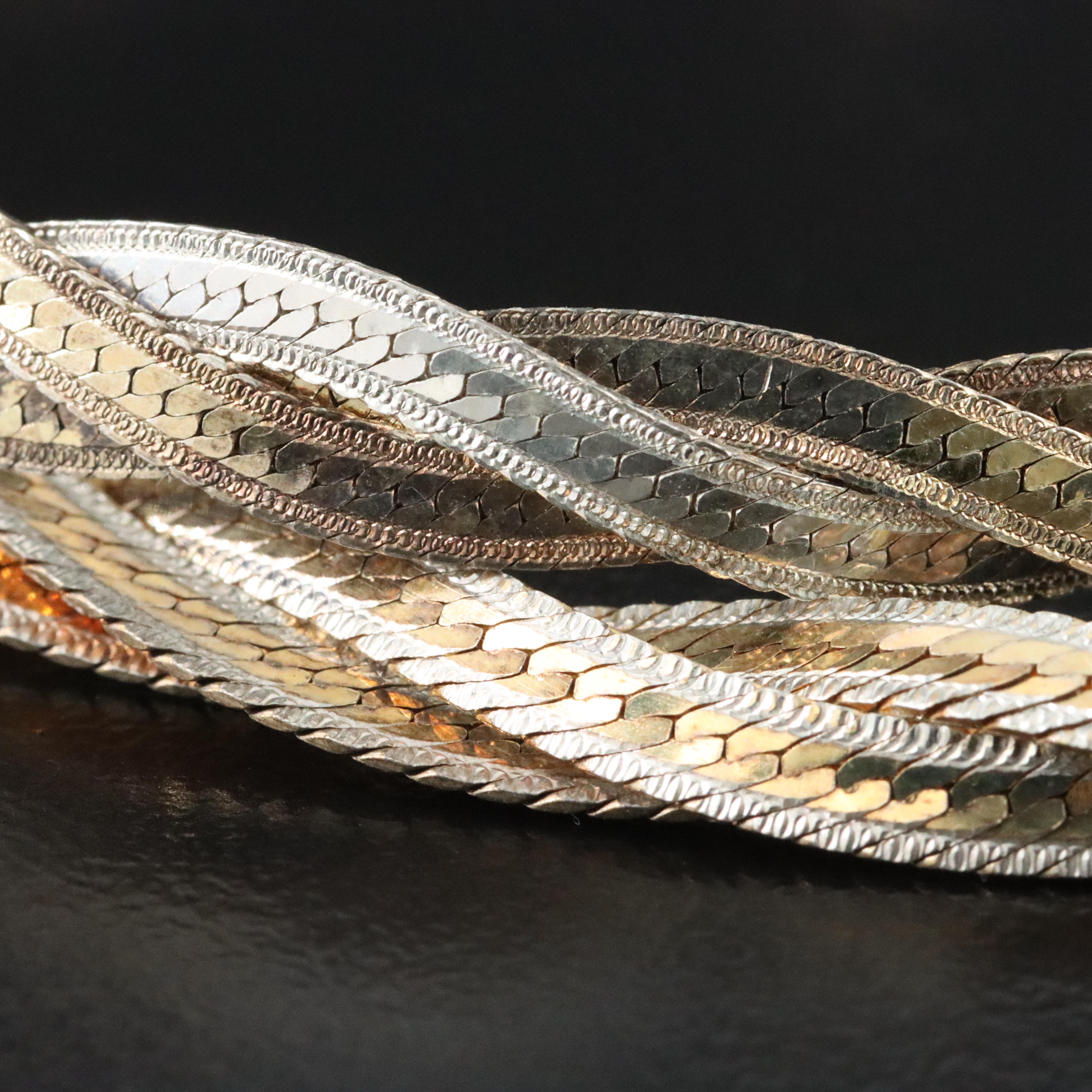 Sterling Two-Tone Braided Herringbone Chain Necklace and Bracelet