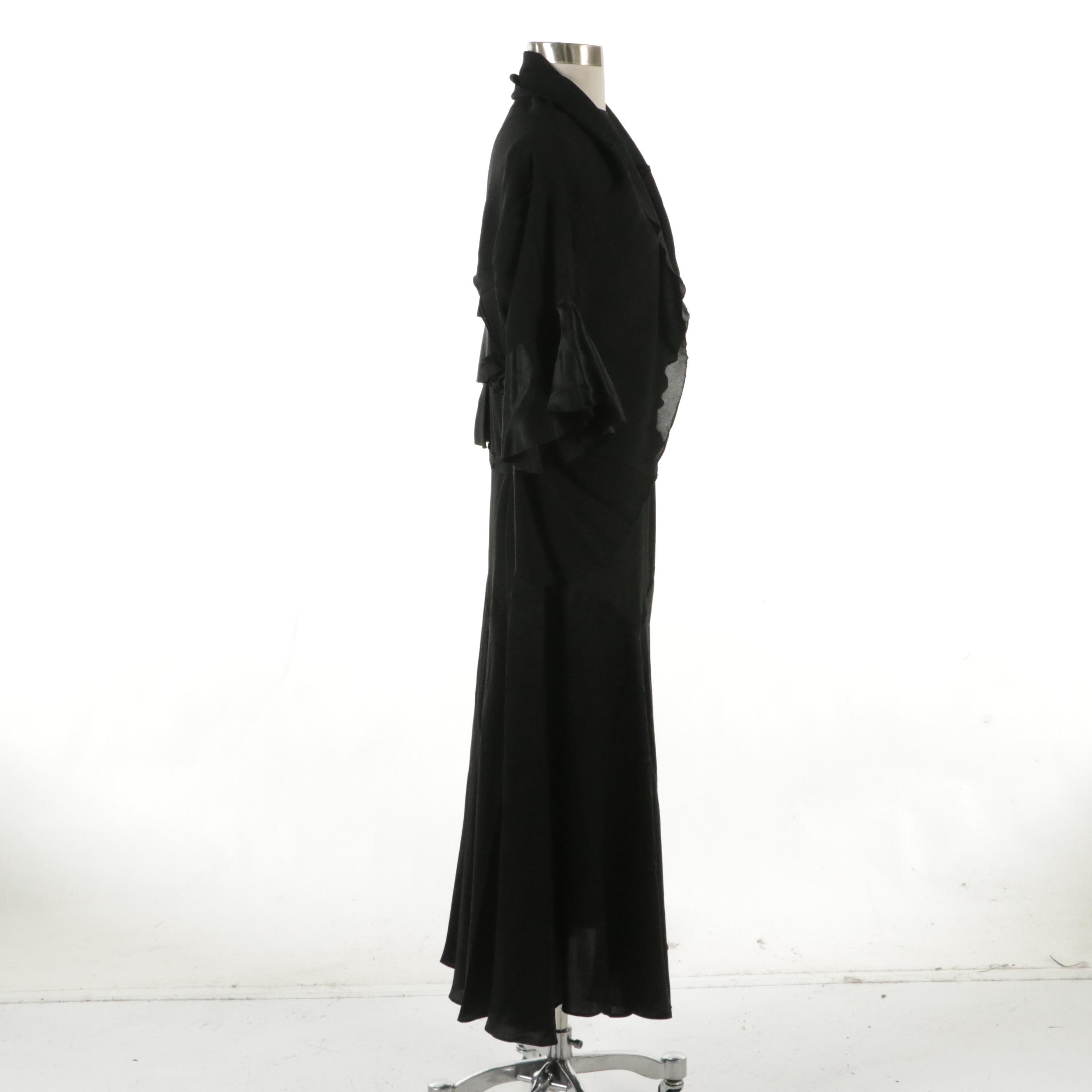 Black Pleated Drop Waist Belted Evening Dress and Open Cardigan