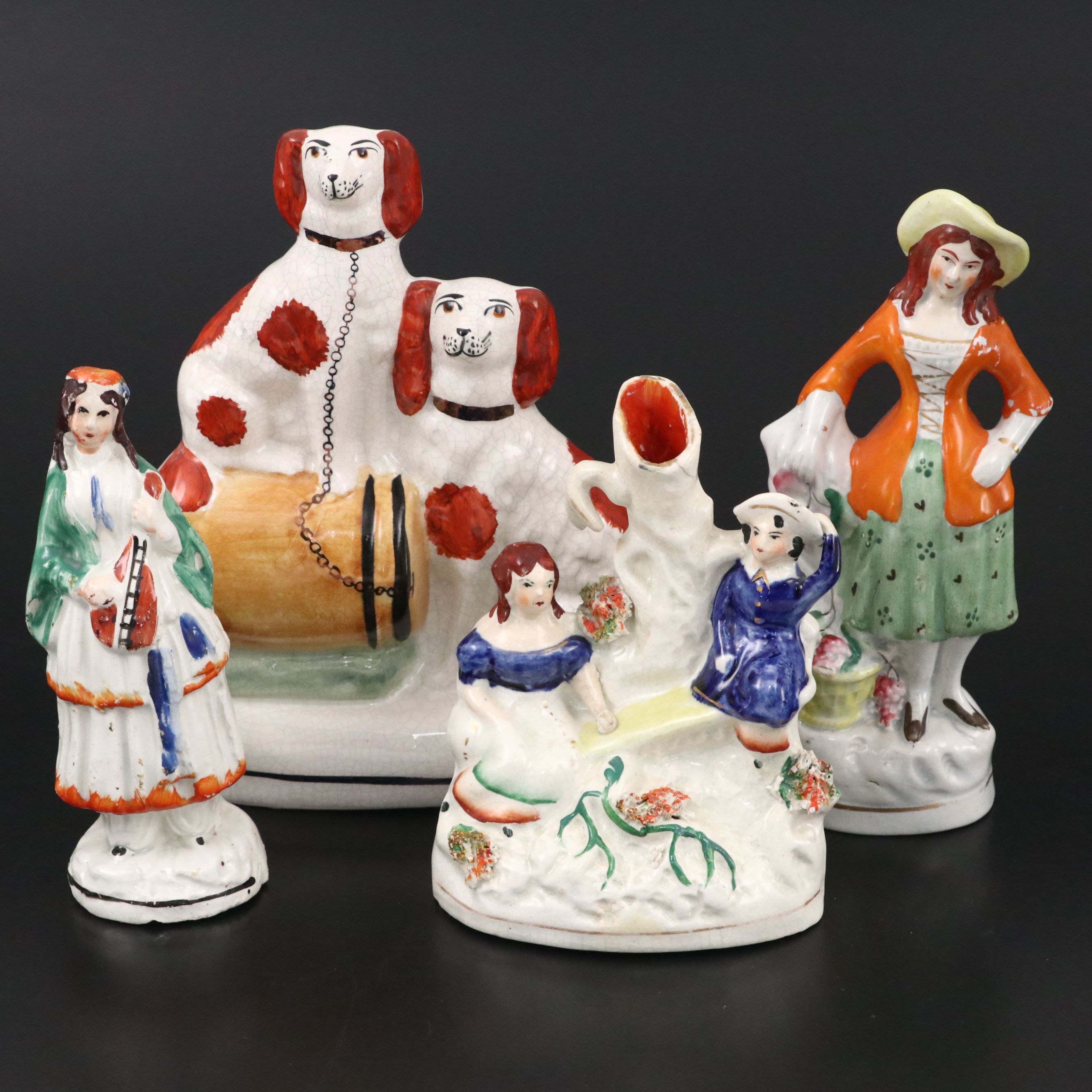 Staffordshire Figural Bud Vase, Troubadour Ladies and Spaniels