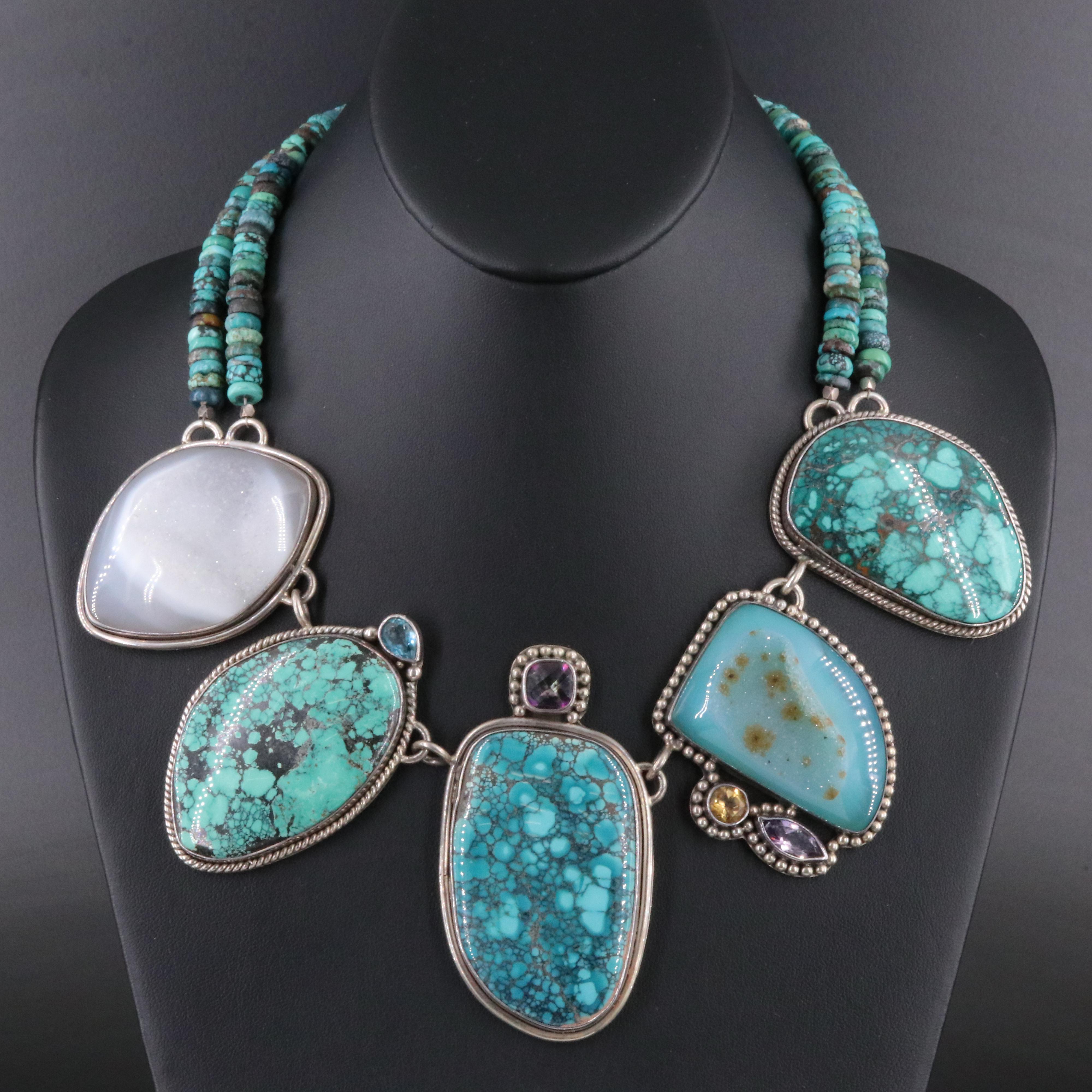 Sterling Turquoise and Druzy Bib Necklace