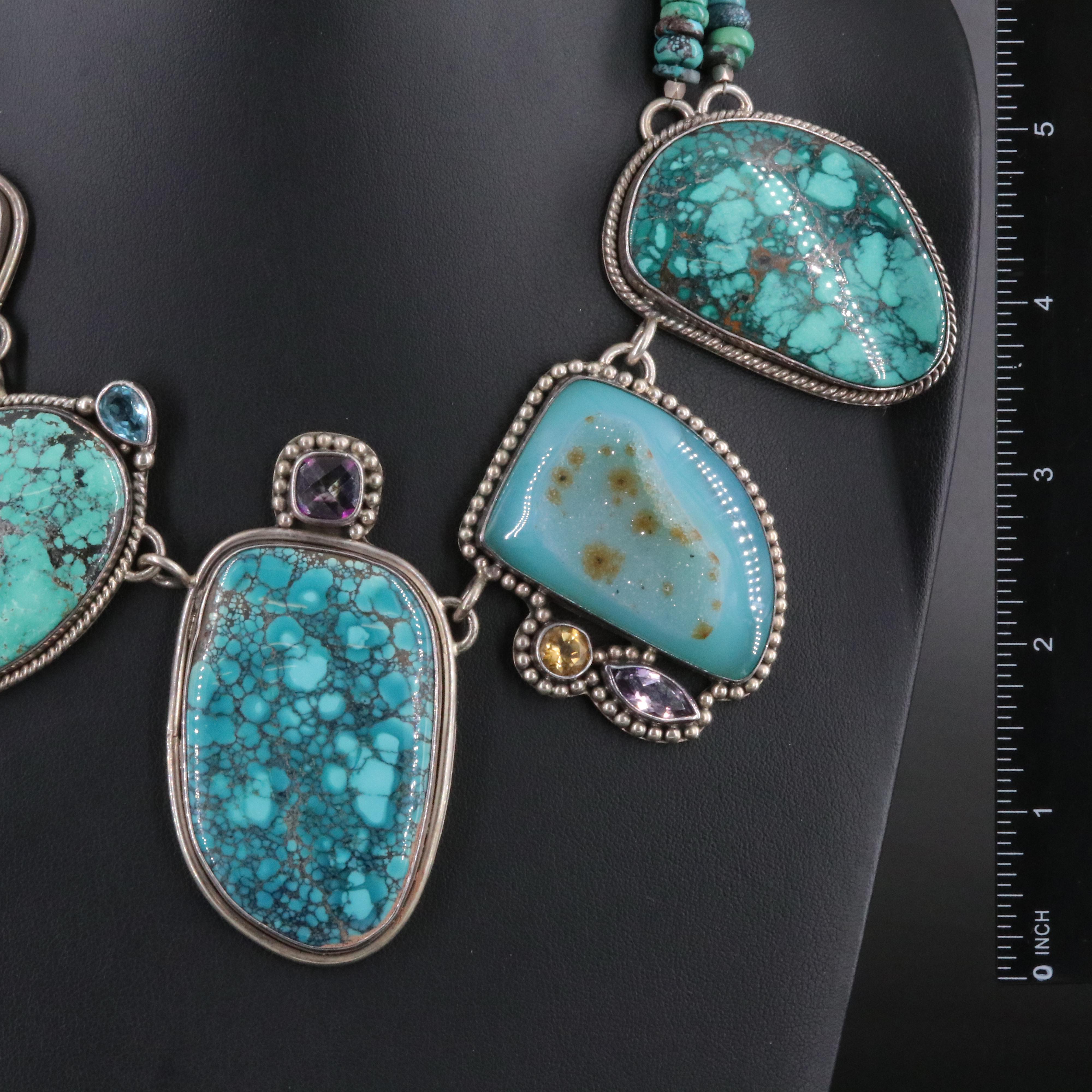 Sterling Turquoise and Druzy Bib Necklace