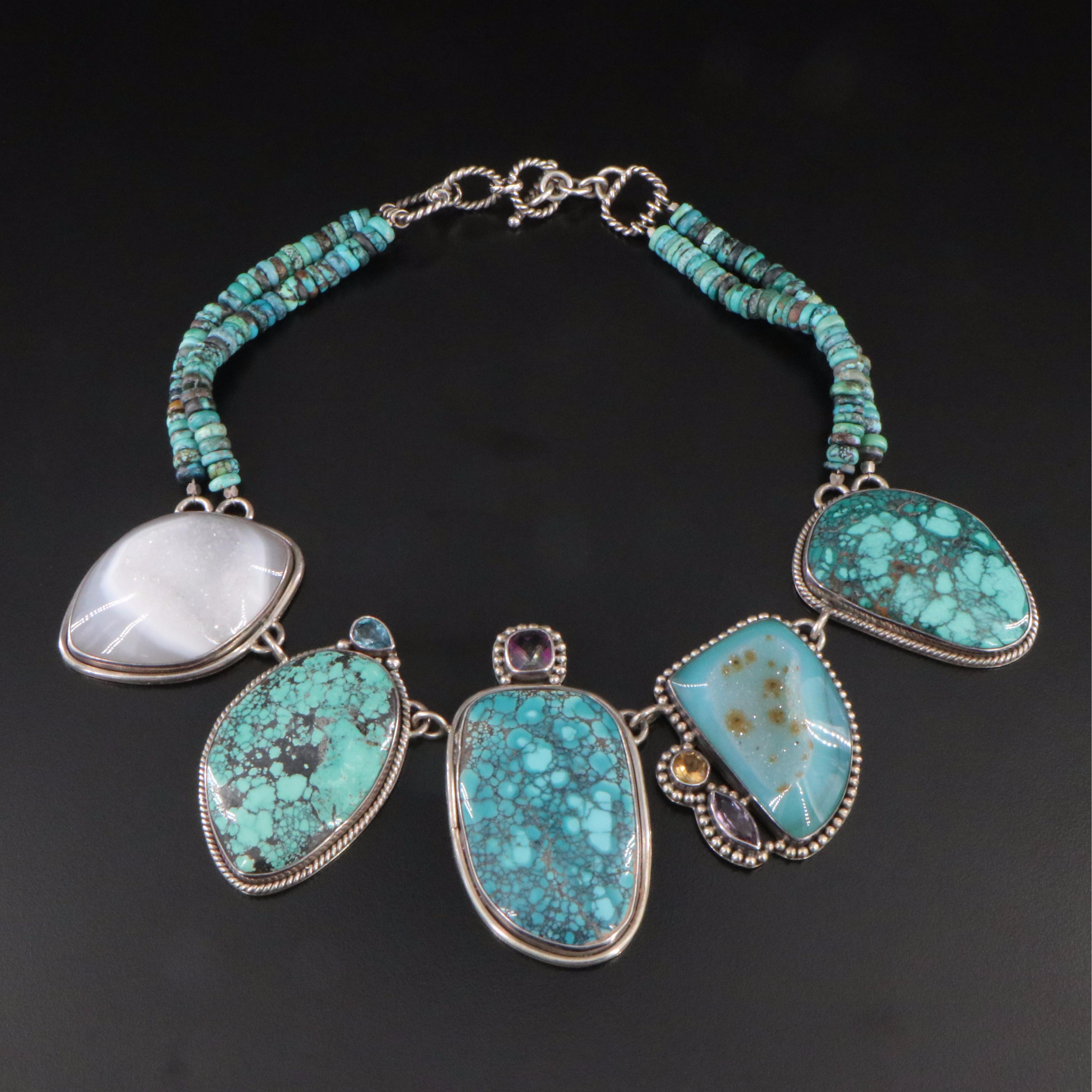 Sterling Turquoise and Druzy Bib Necklace