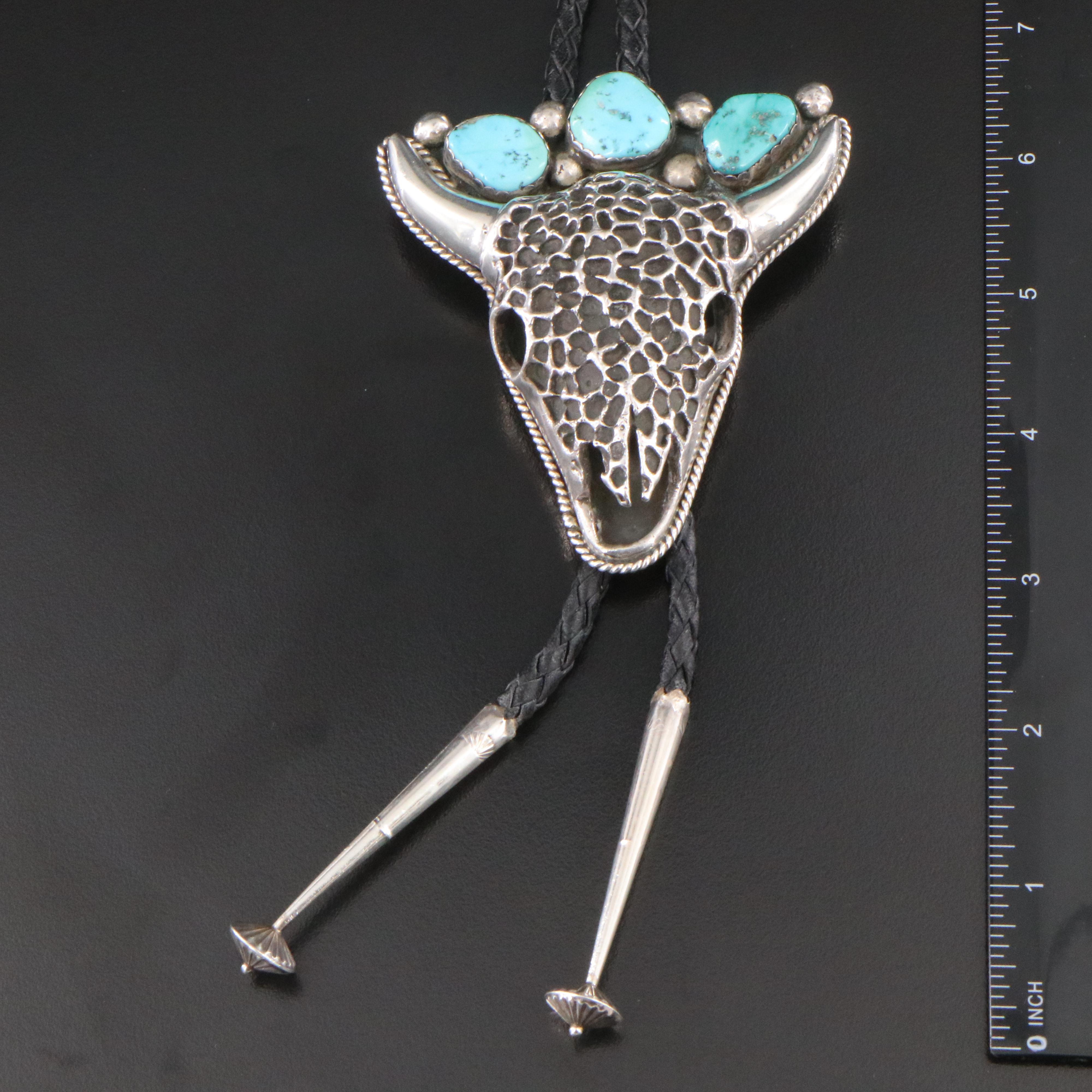 Southwestern Sterling Tuquoise Steer Skull Bolo Tie